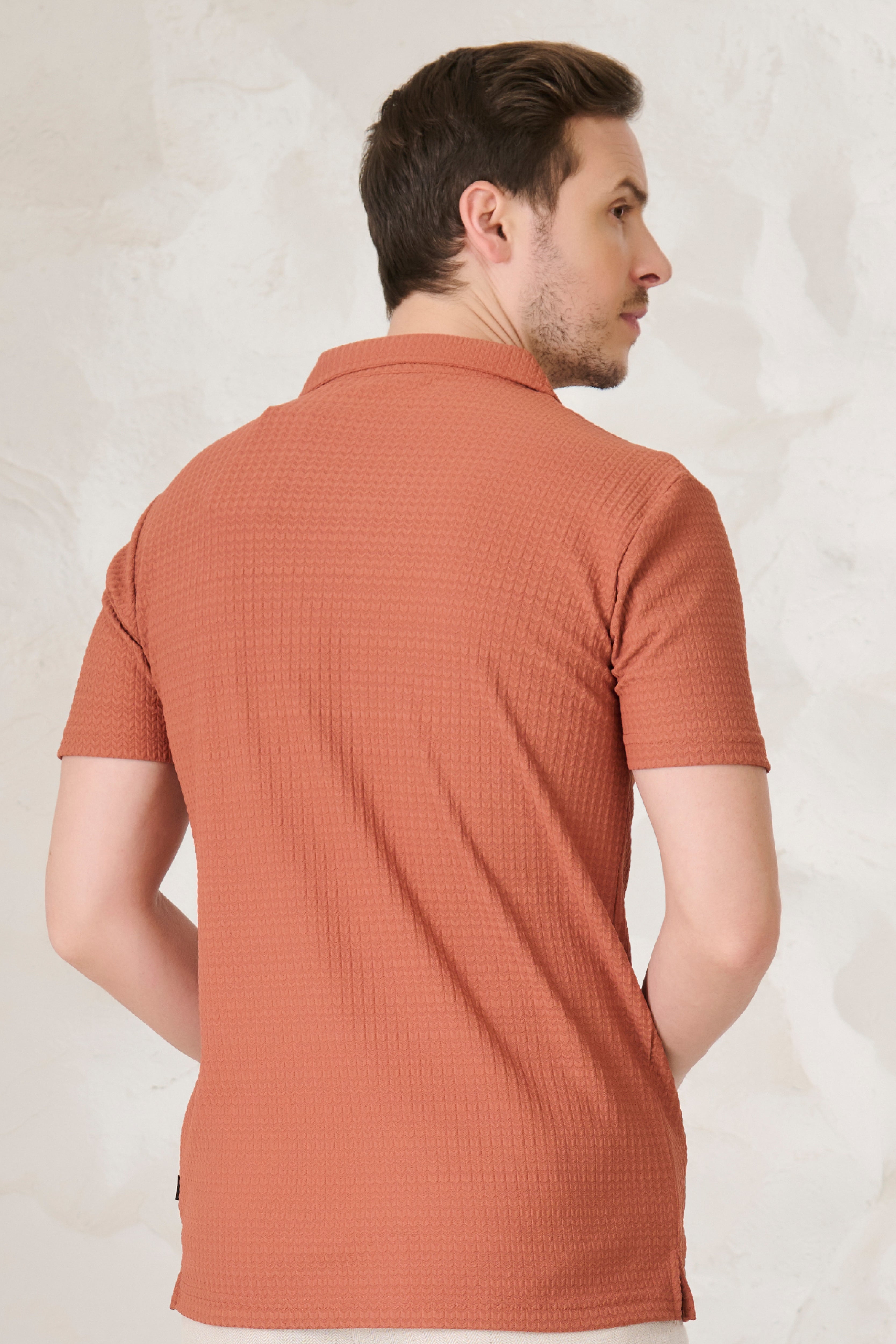Buy Herringbone Textured Cuban Shirt - ORANGE Online Shopping view 4
