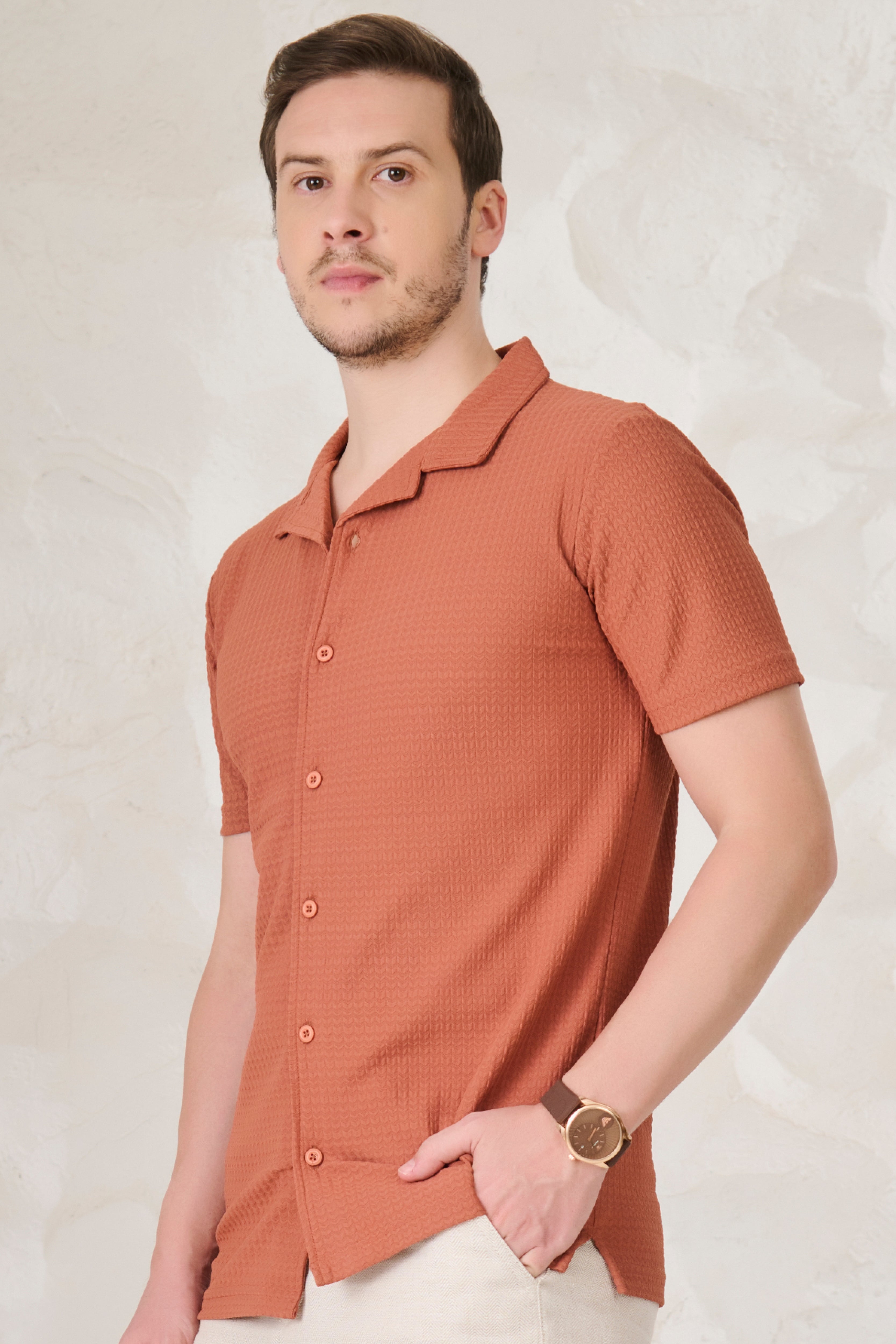 Buy Herringbone Textured Cuban Shirt - ORANGE Online Shopping view 2