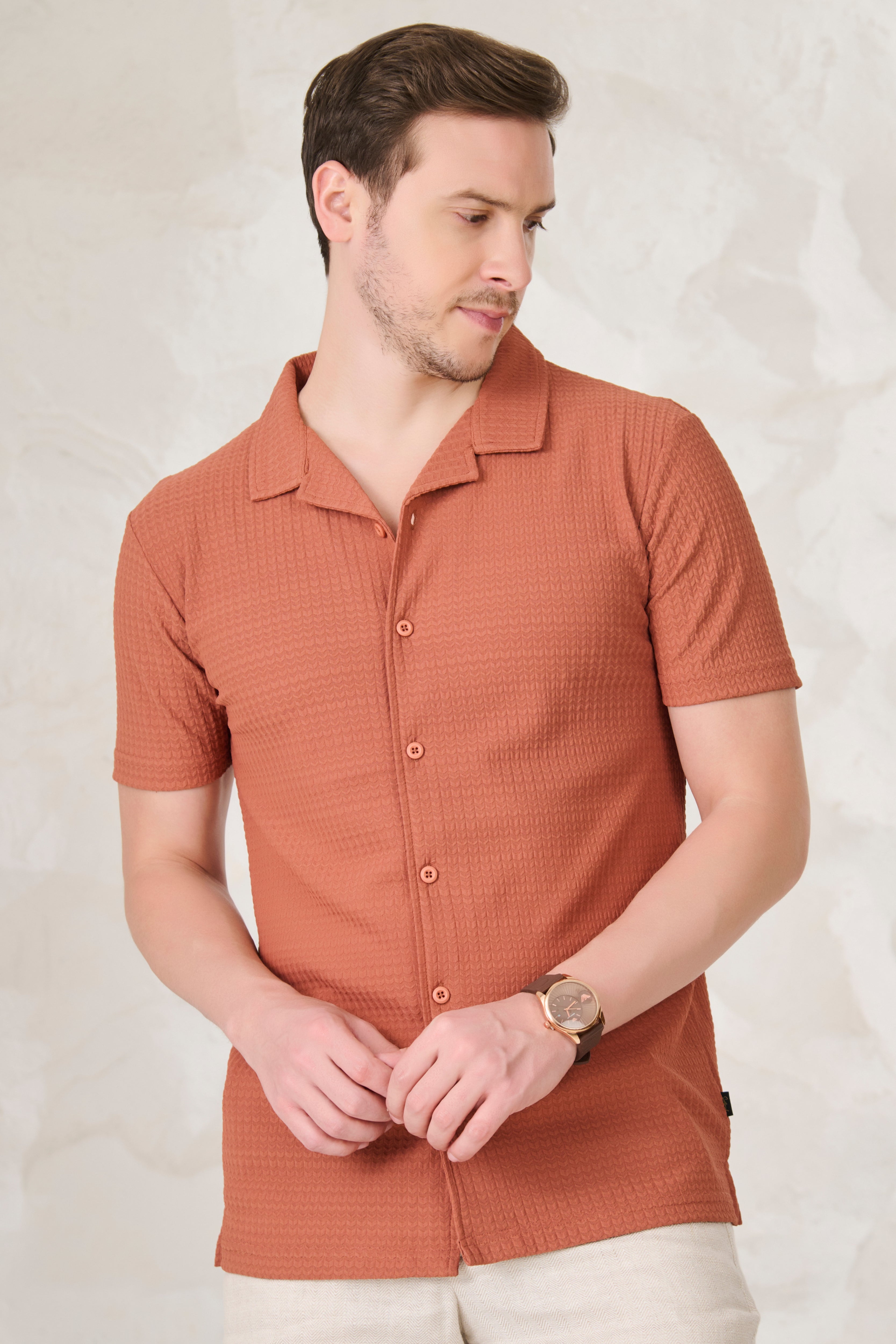 Buy Herringbone Textured Cuban Shirt - ORANGE Online Shopping view 1