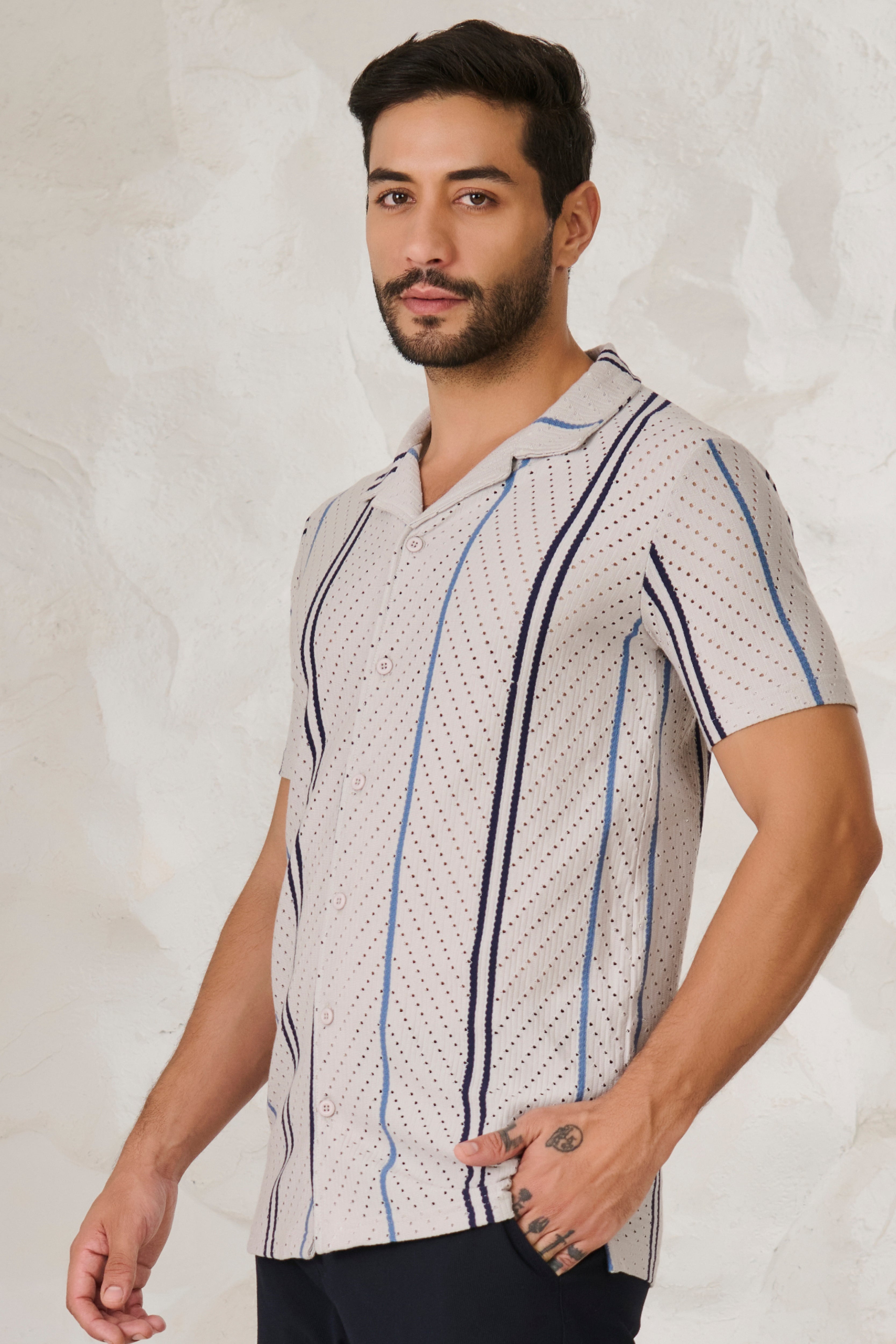 Buy Herringbone Air Vents Cuban Shirt - Gray Online Shopping view 2