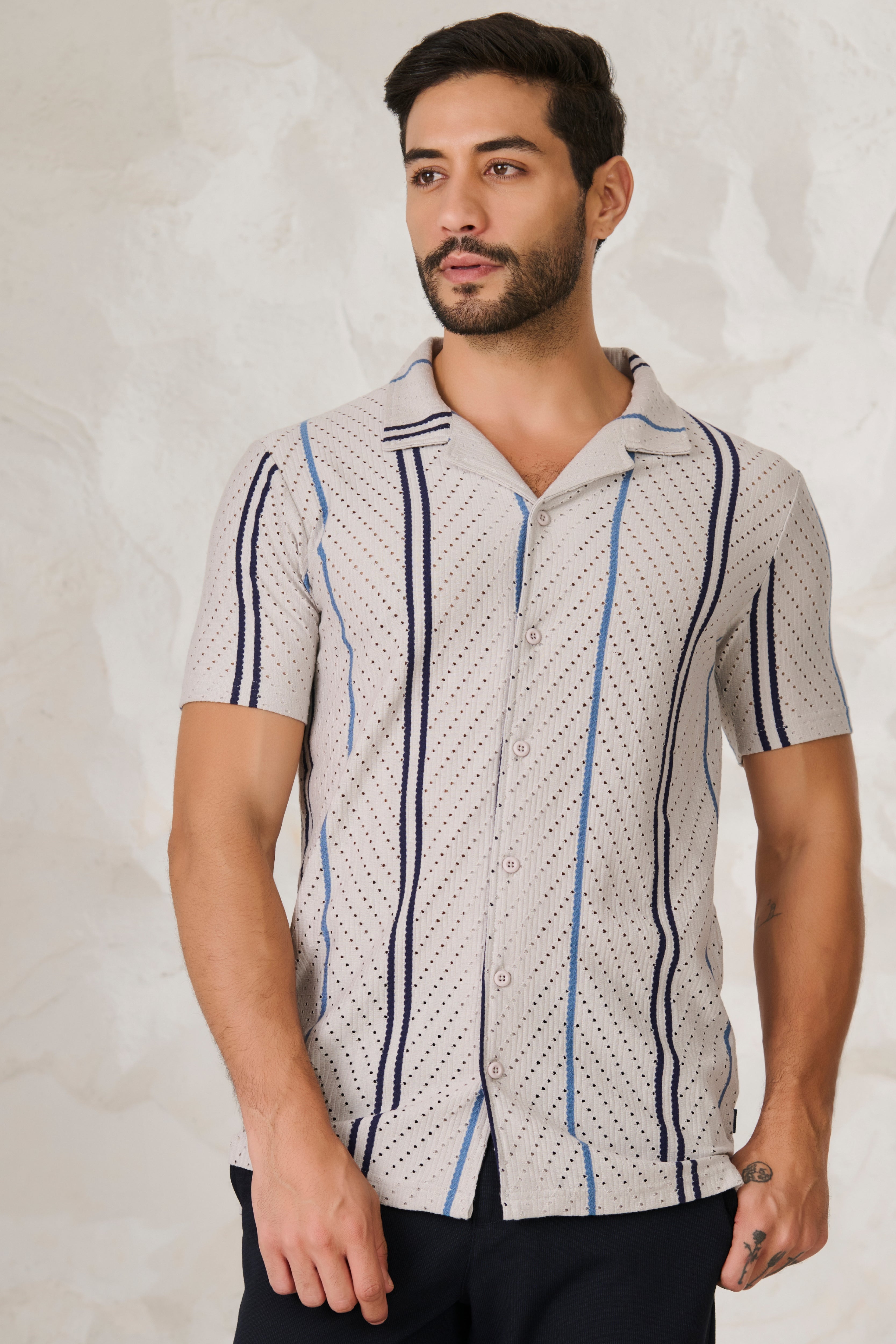 Buy Herringbone Air Vents Cuban Shirt - Gray Online Shopping view 1