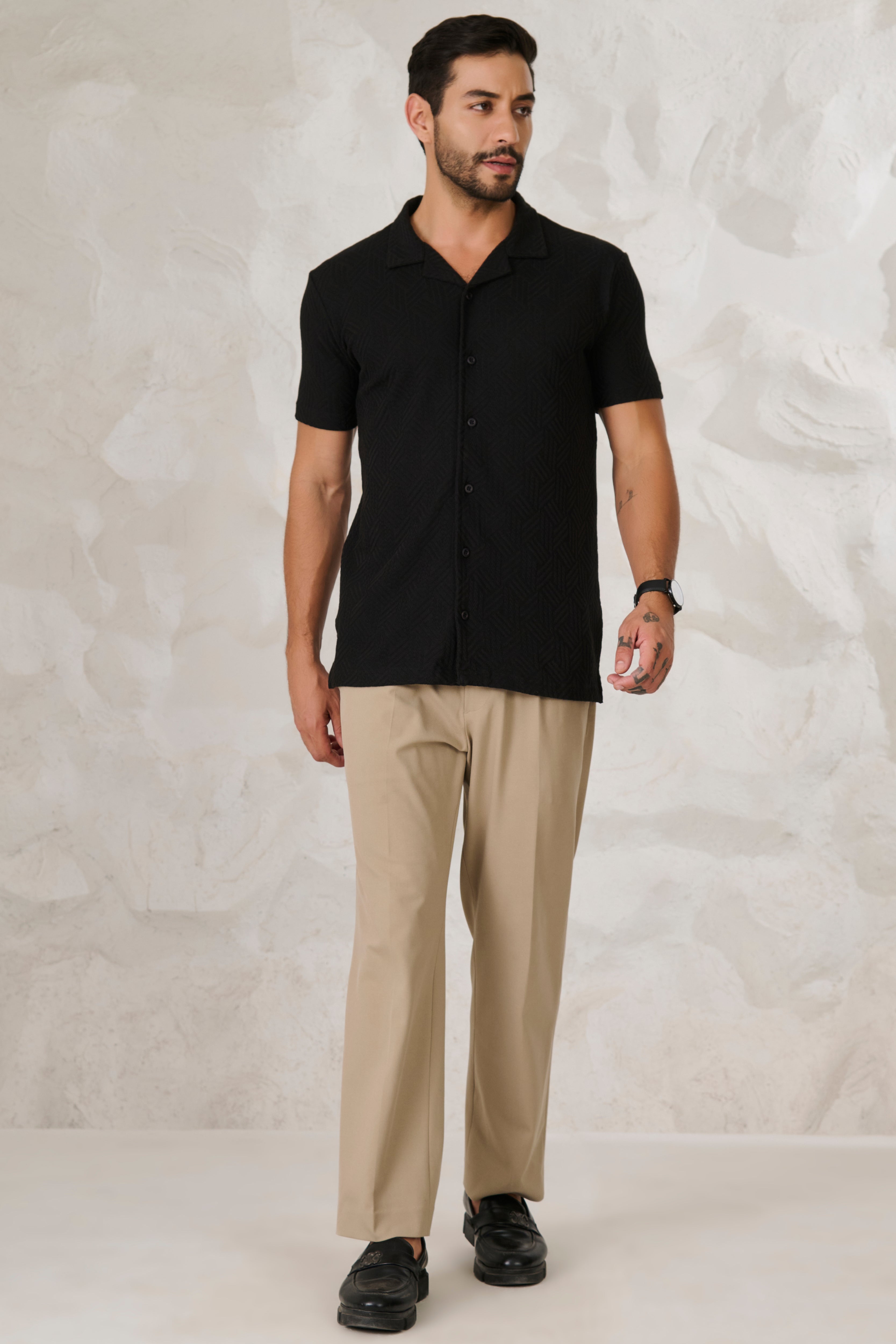 Buy Tile Textured Cuban Shirt - Black Online Shopping view 5