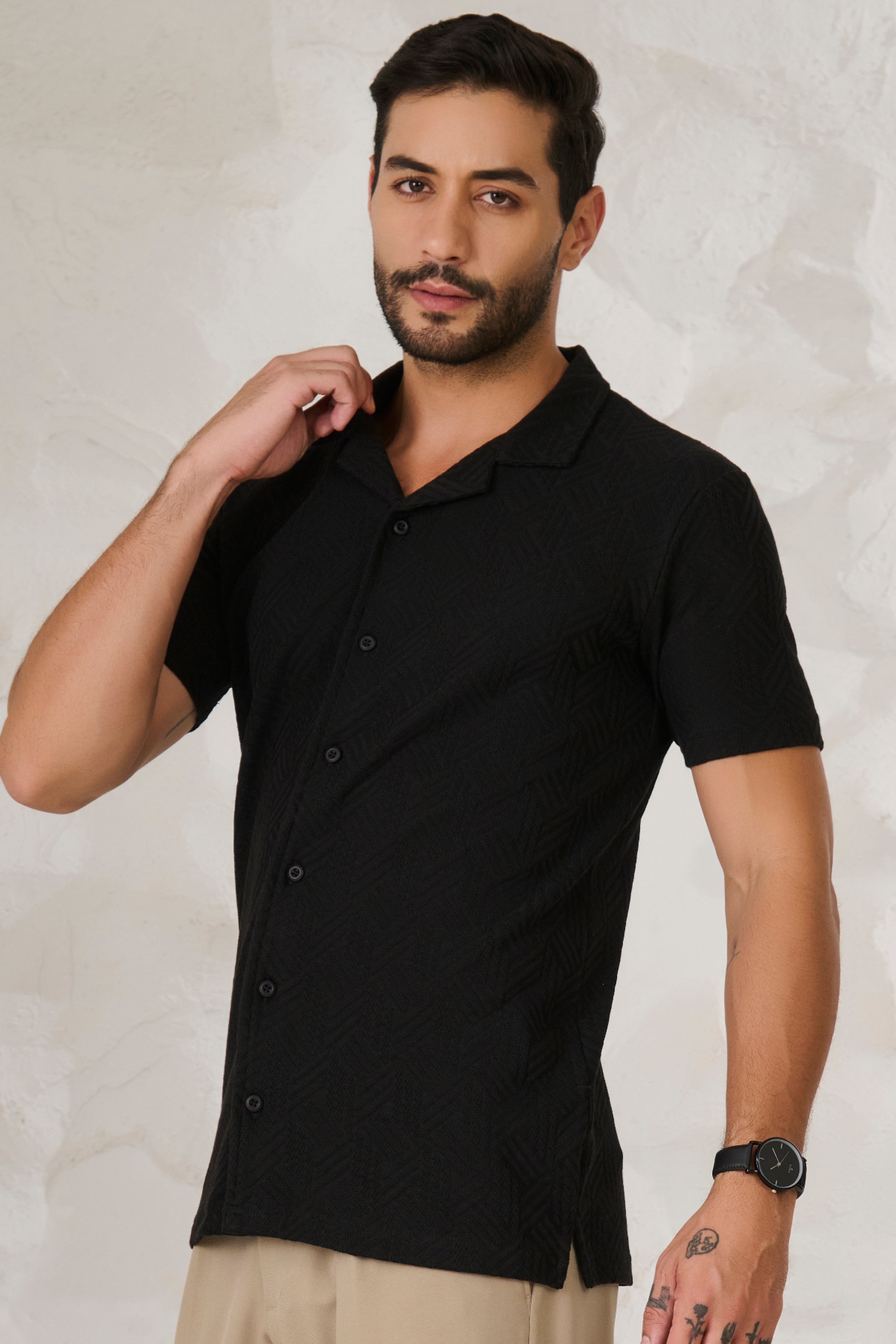 Buy Tile Textured Cuban Shirt - Black Online Shopping view 2