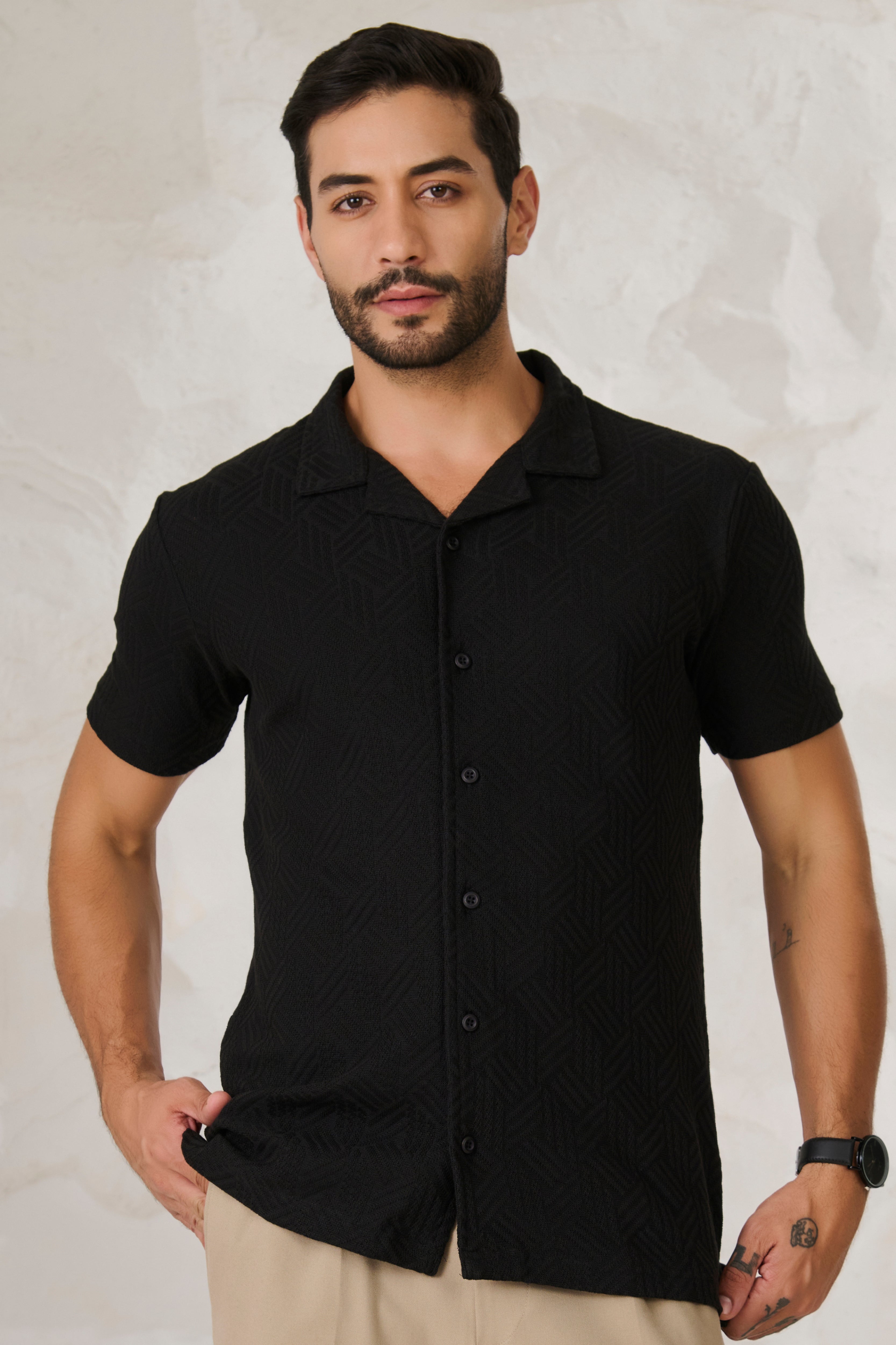Buy Tile Textured Cuban Shirt - Black Online Shopping view 1