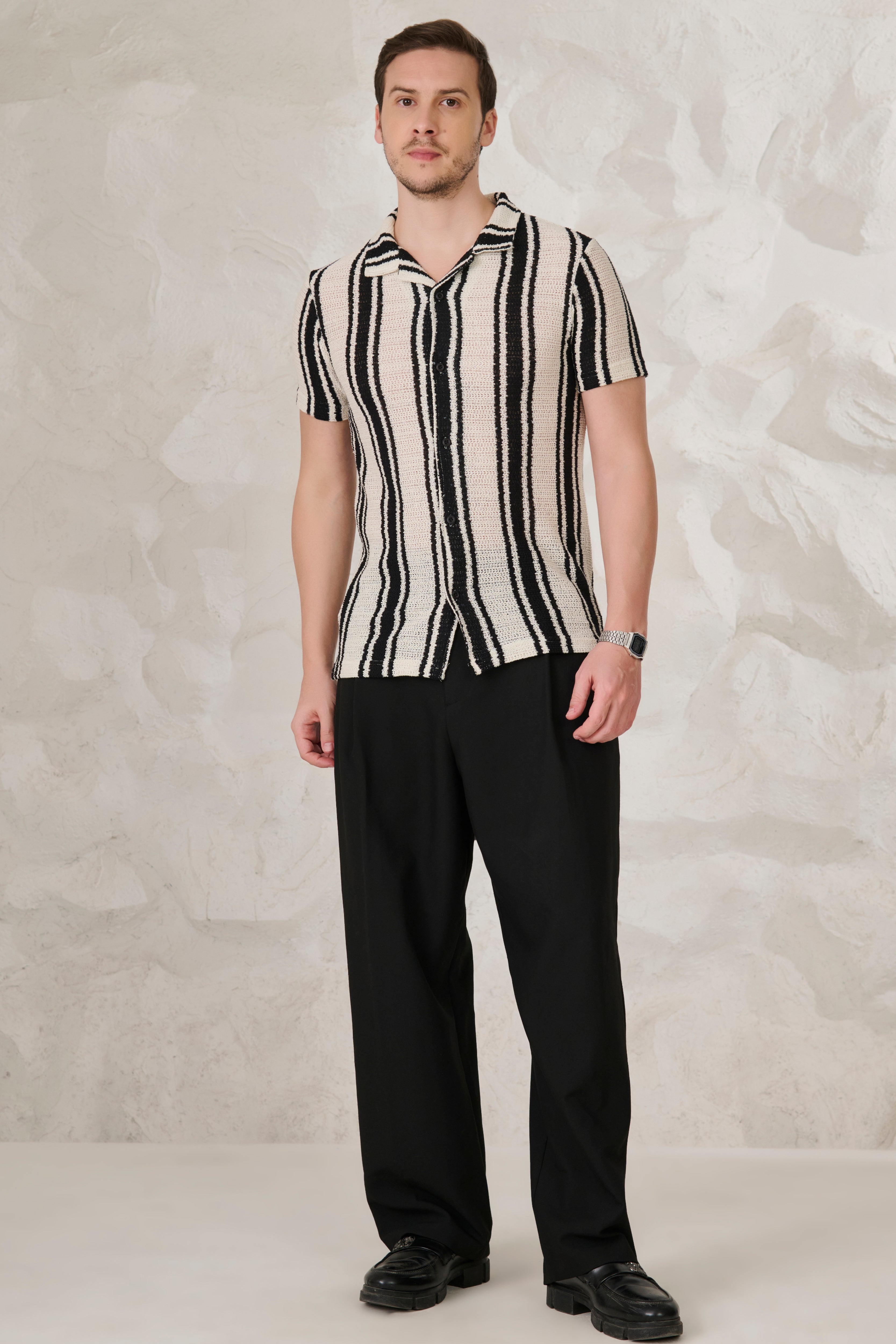 Buy Textured Broad Stripe Cuban Shirt - Black Online Shopping view 5