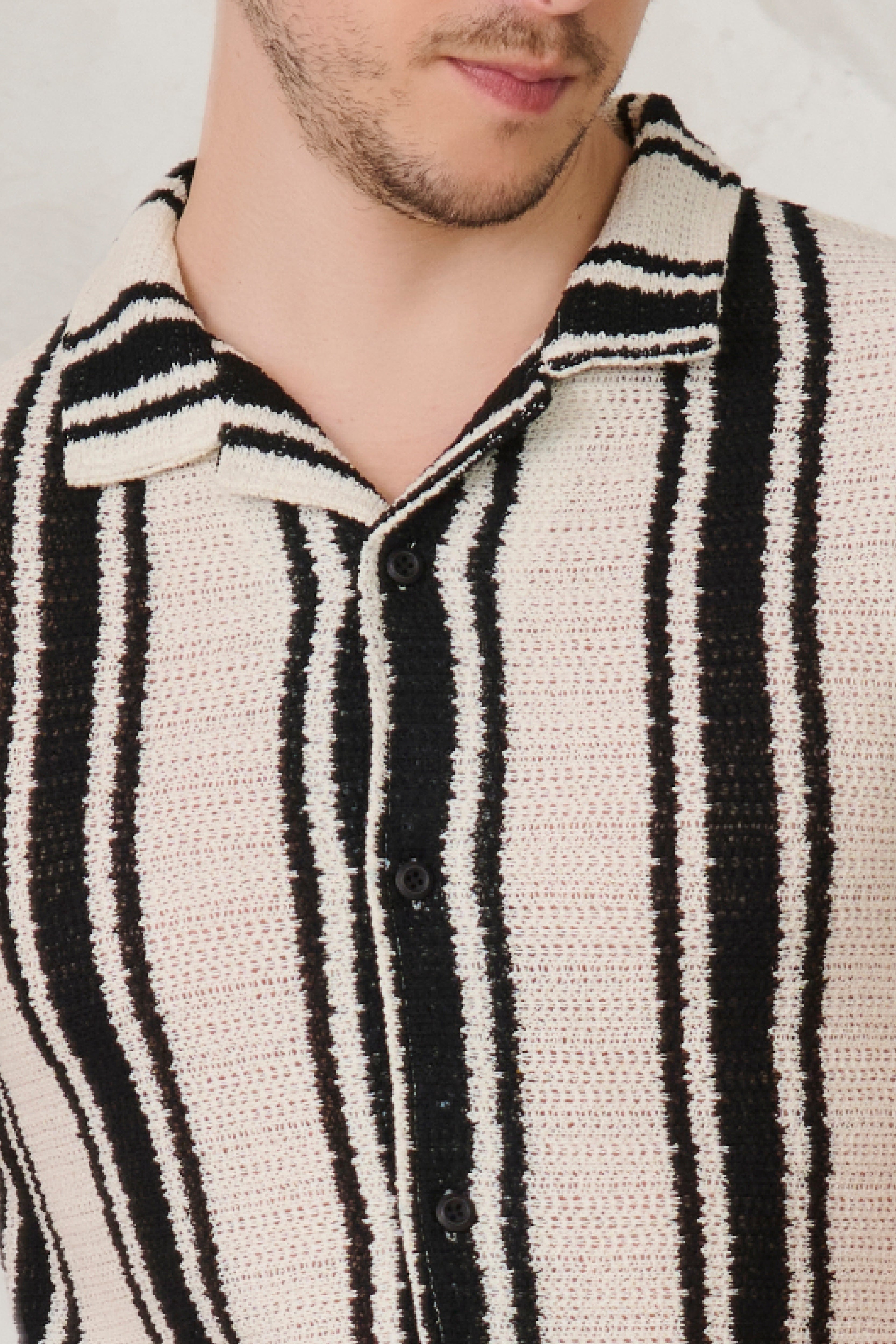 Buy Textured Broad Stripe Cuban Shirt - Black Online Shopping view 3