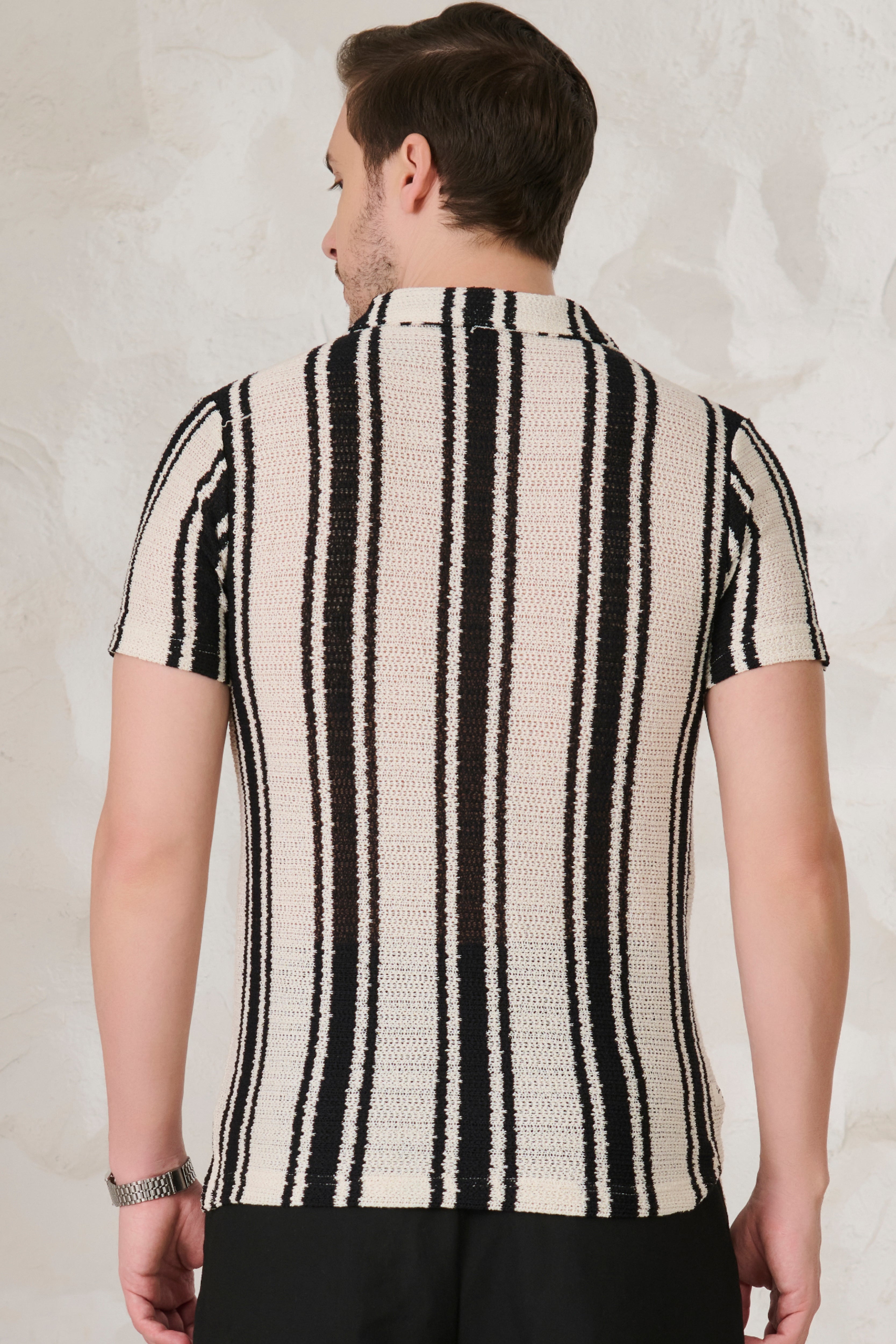 Buy Textured Broad Stripe Cuban Shirt - Black Online Shopping view 4