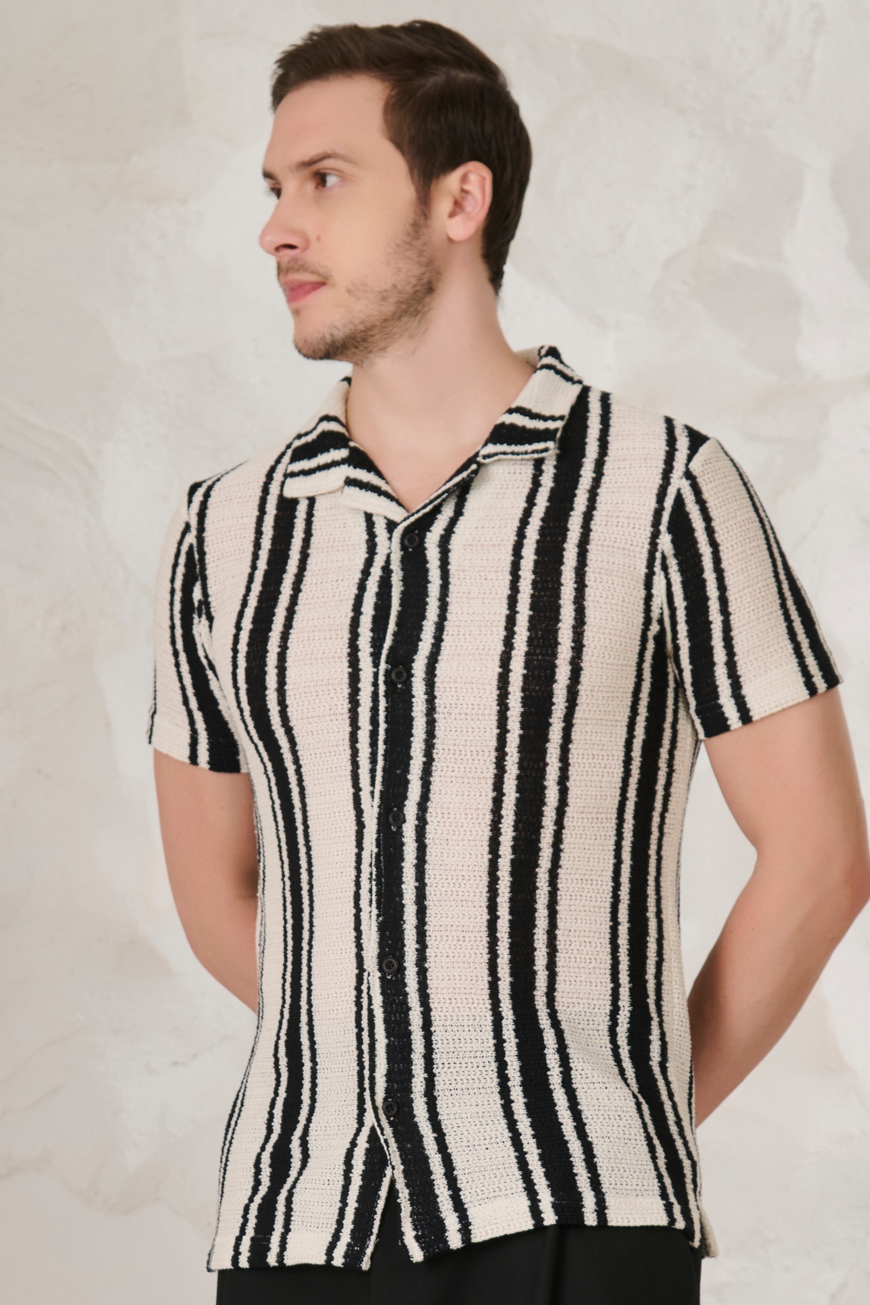 Buy Textured Broad Stripe Cuban Shirt - Black Online Shopping view 2