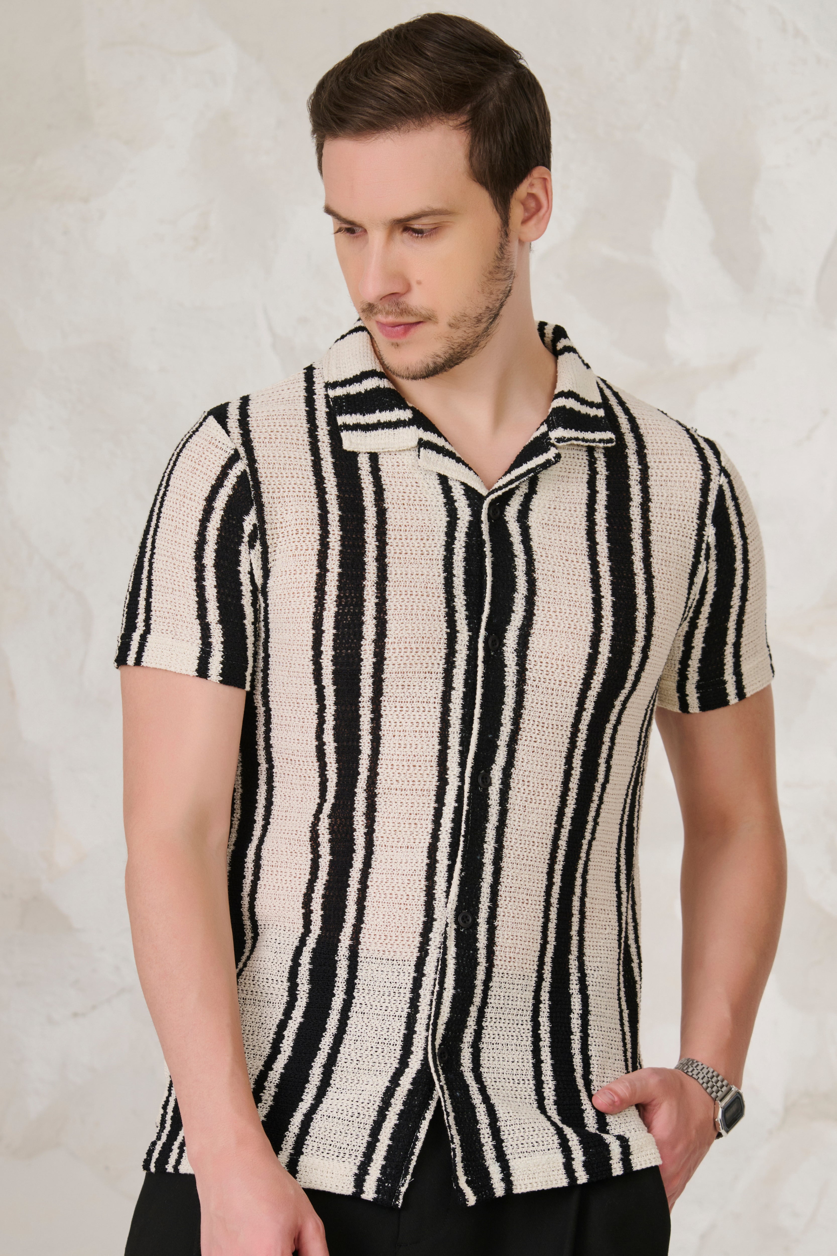 Buy Textured Broad Stripe Cuban Shirt - Black Online Shopping view 1