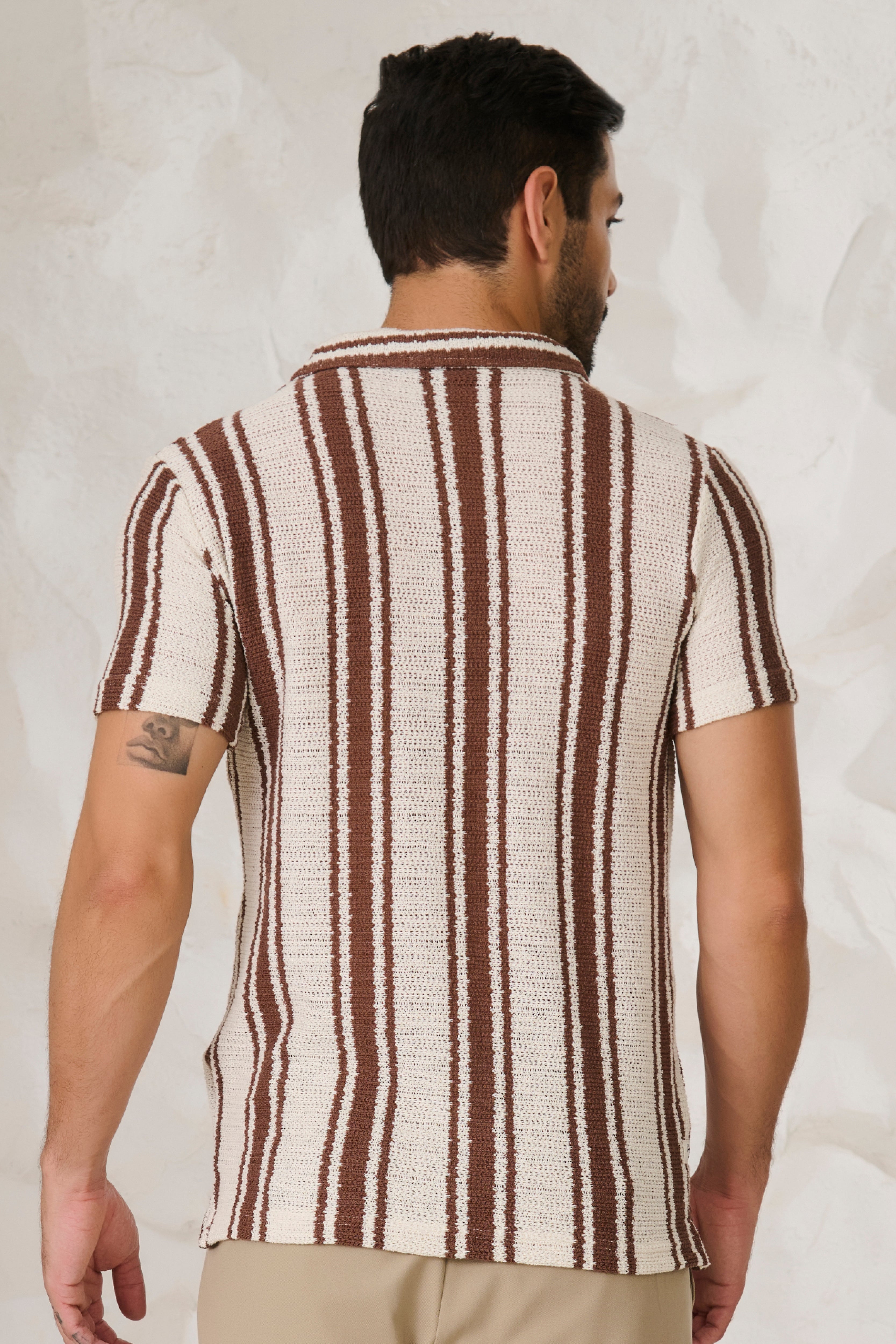 Buy Textured Broad Stripe Cuban Shirt - Brown Online Shopping view 4