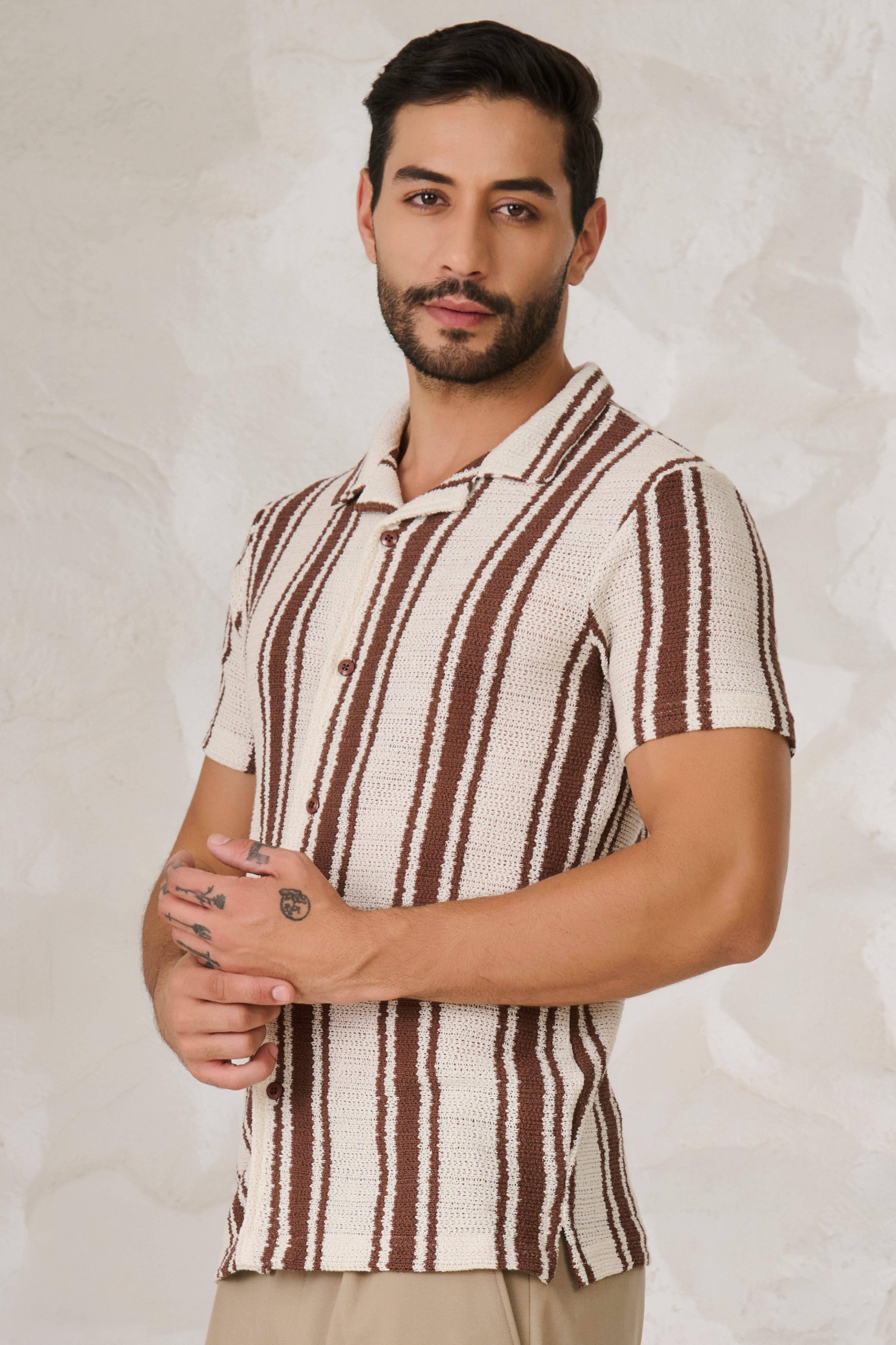 Buy Textured Broad Stripe Cuban Shirt - Brown Online Shopping view 2