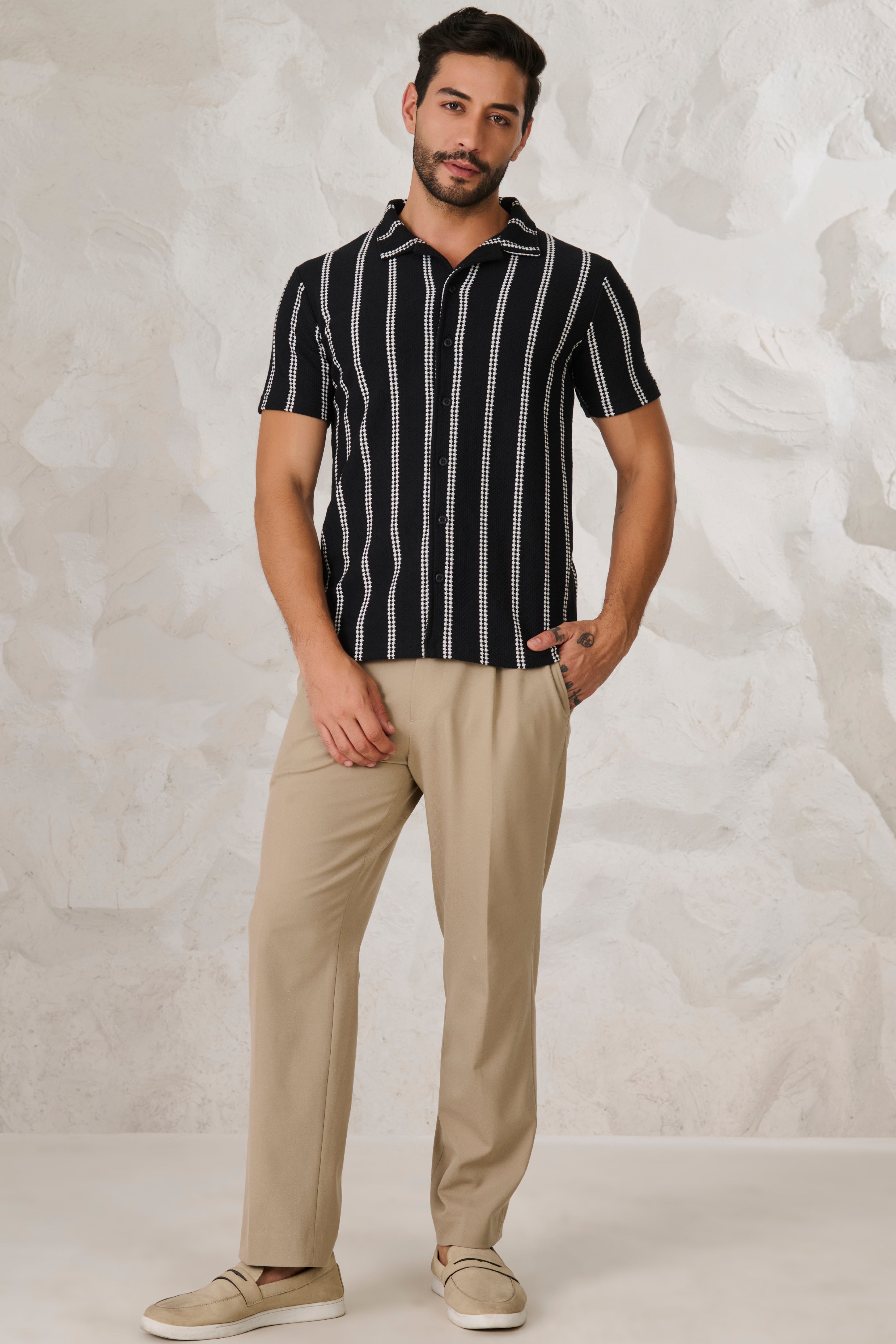 Buy Ladder Stripes Textured Cuban Shirt - Black Online Shopping view 5