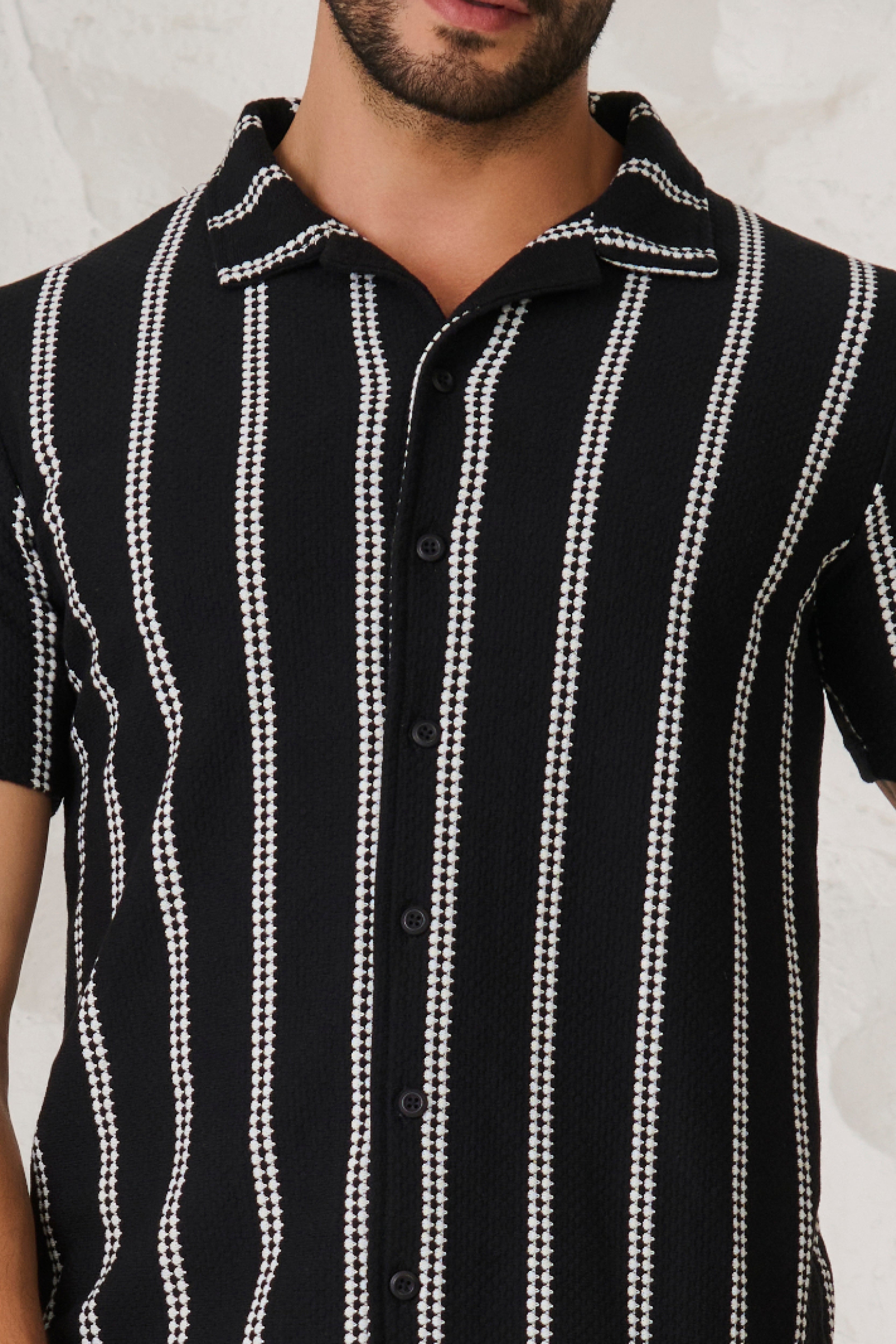Buy Ladder Stripes Textured Cuban Shirt - Black Online Shopping view 3