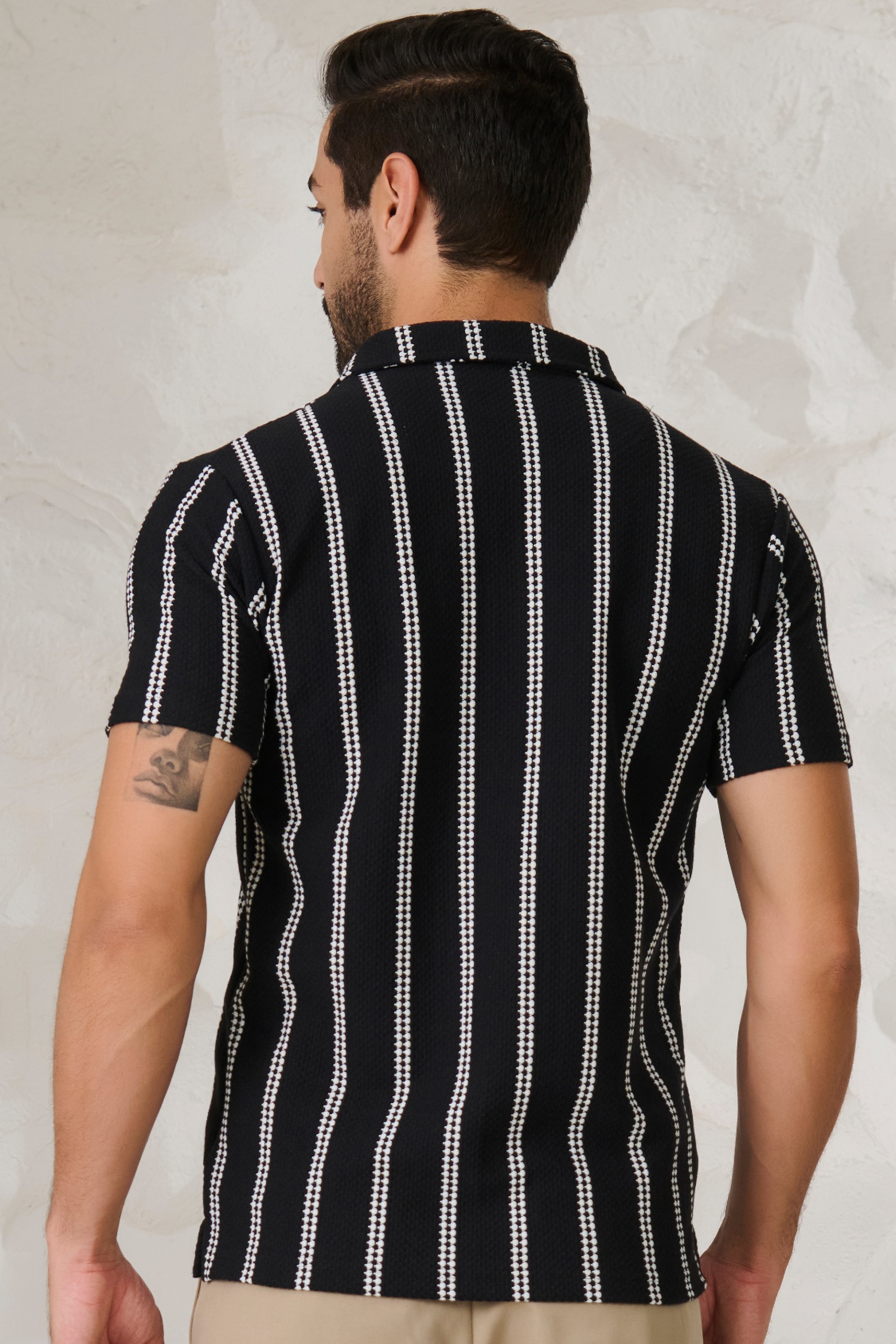 Buy Ladder Stripes Textured Cuban Shirt - Black Online Shopping view 4