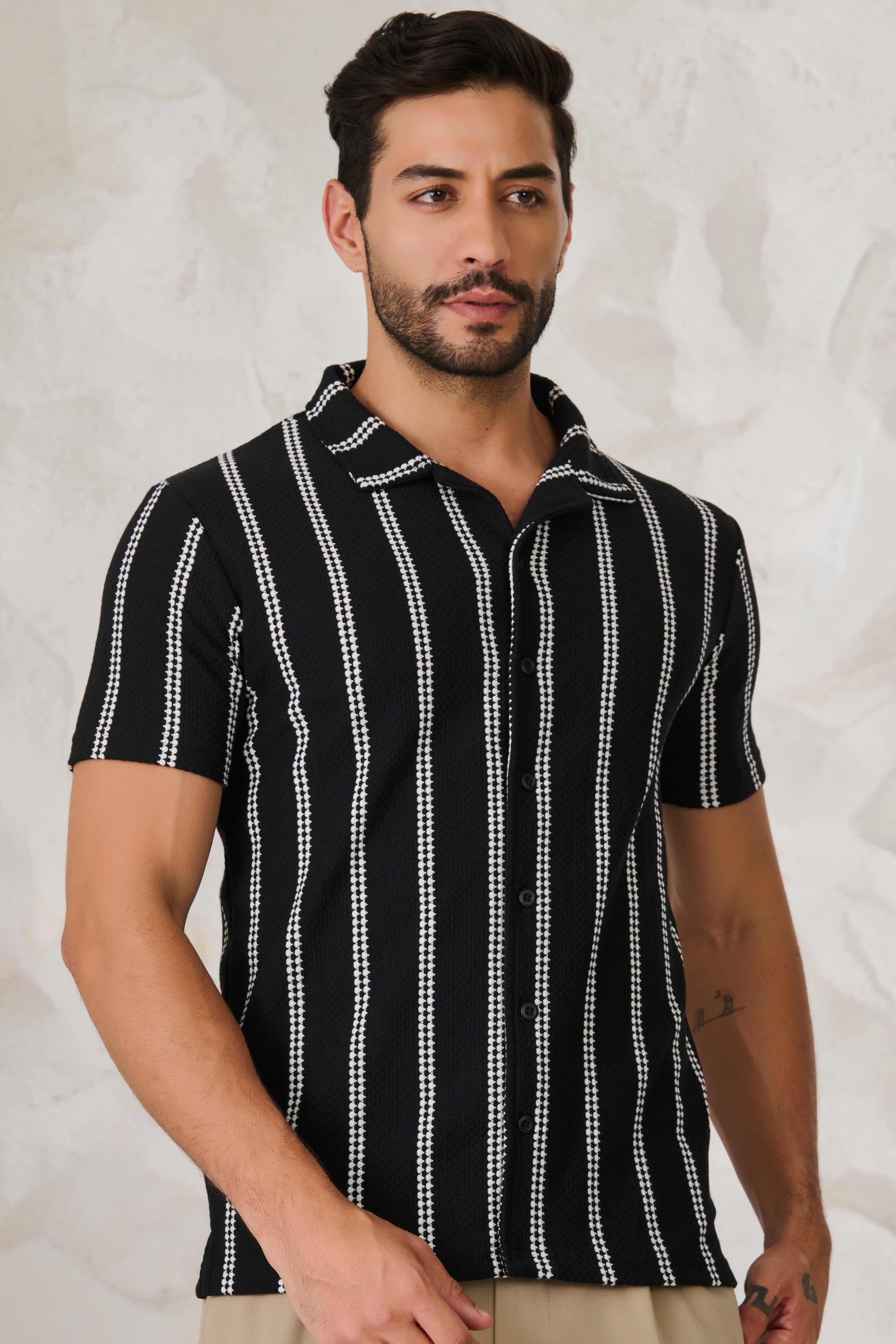 Buy Ladder Stripes Textured Cuban Shirt - Black Online Shopping view 1