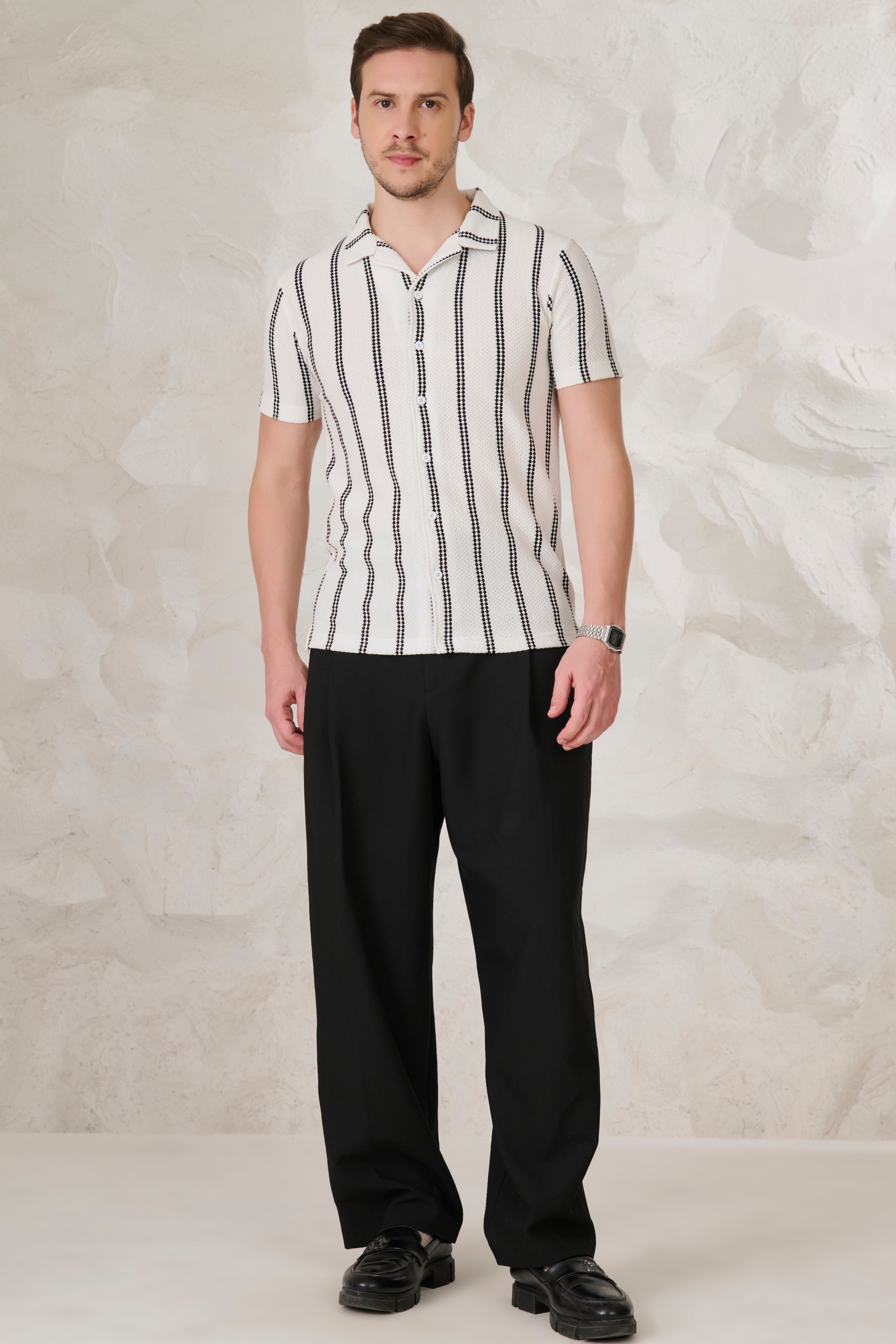 Buy Ladder Stripes Textured Cuban Shirt - White Online Shopping view 5