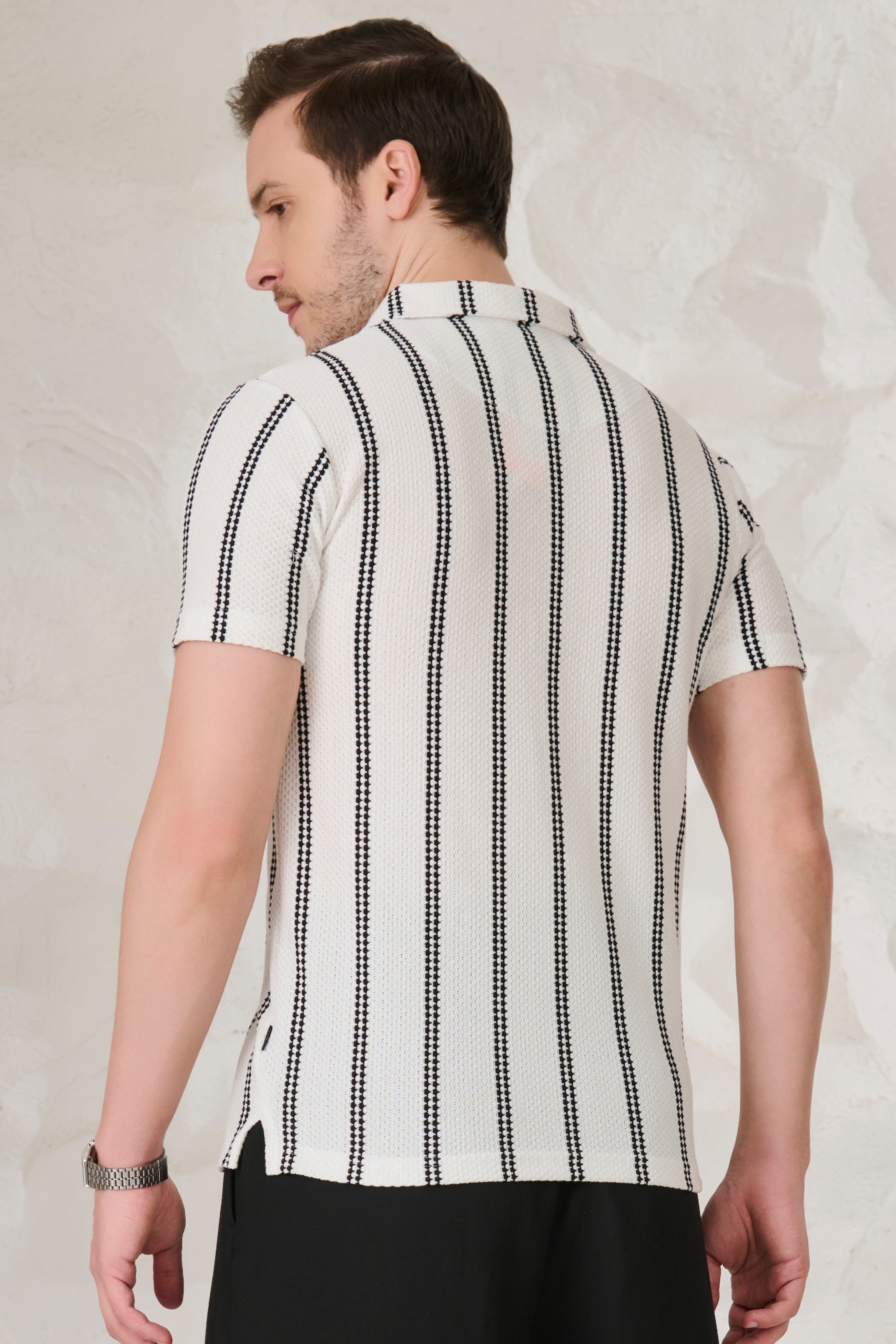 Buy Ladder Stripes Textured Cuban Shirt - White Online Shopping view 4