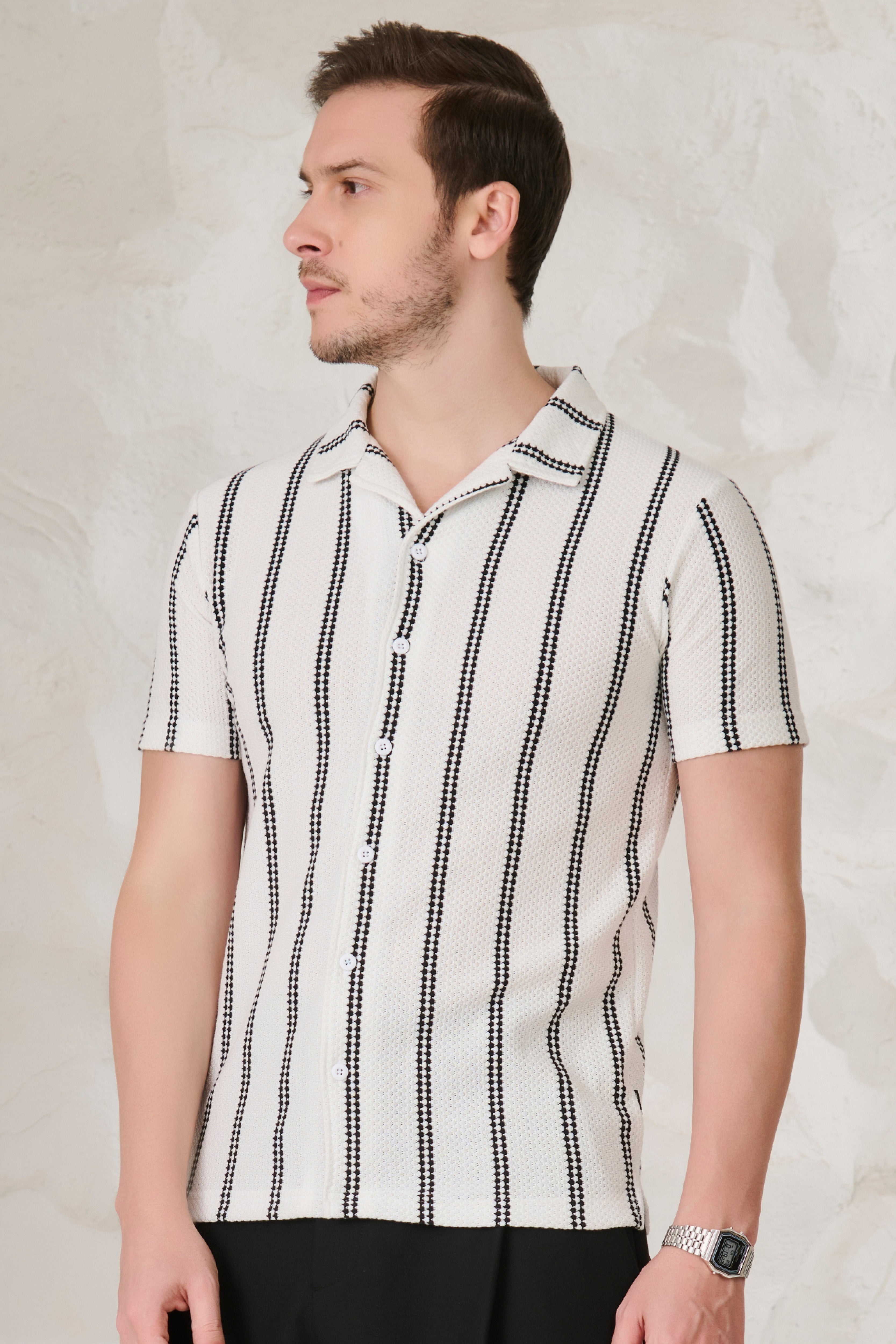 Buy Ladder Stripes Textured Cuban Shirt - White Online Shopping view 2