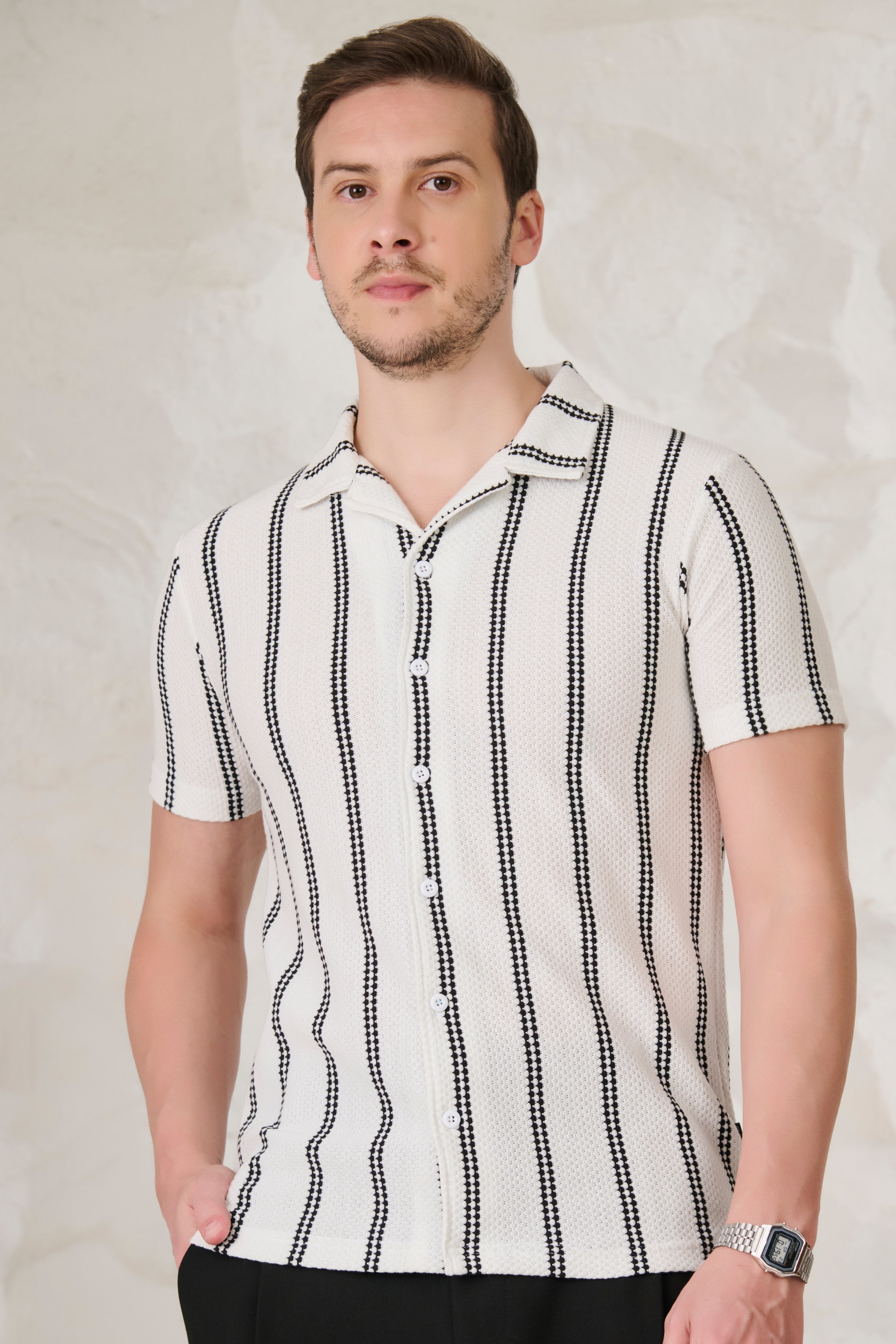 Buy Ladder Stripes Textured Cuban Shirt - White Online Shopping view 1