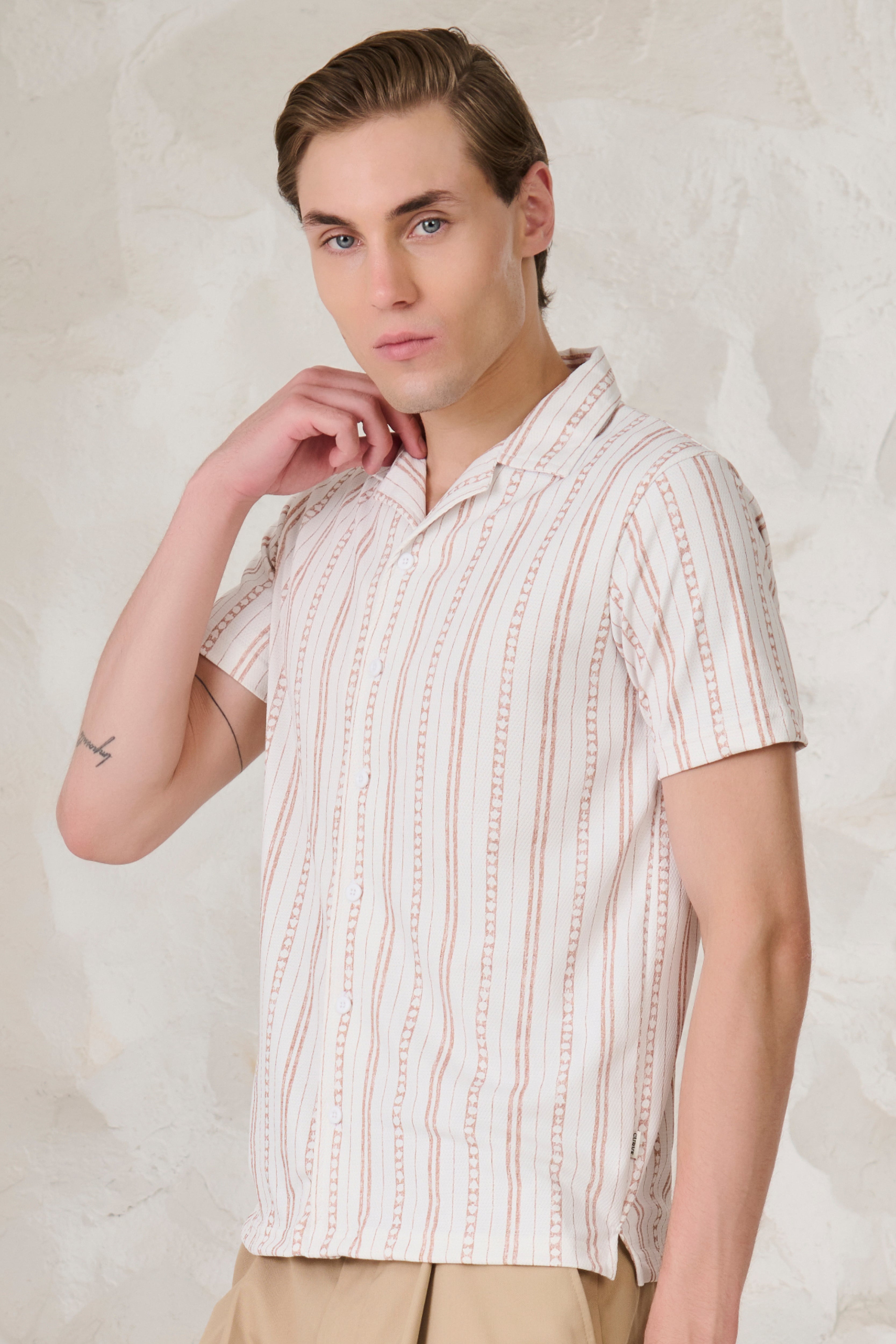 Buy Indian Stripe Cuban Shirt - Khaki Online Shopping view 2