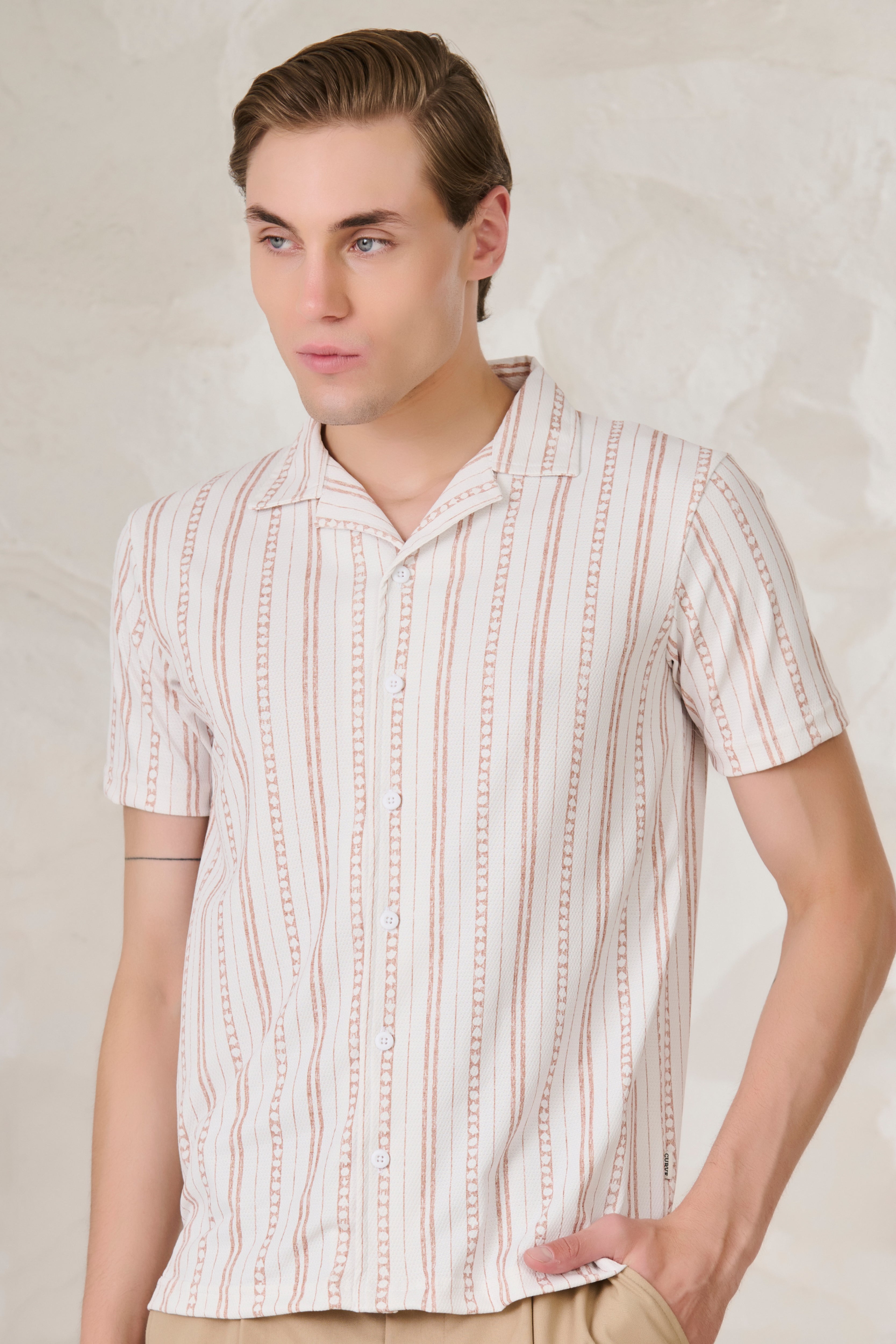 Buy Indian Stripe Cuban Shirt - Khaki Online Shopping view 1