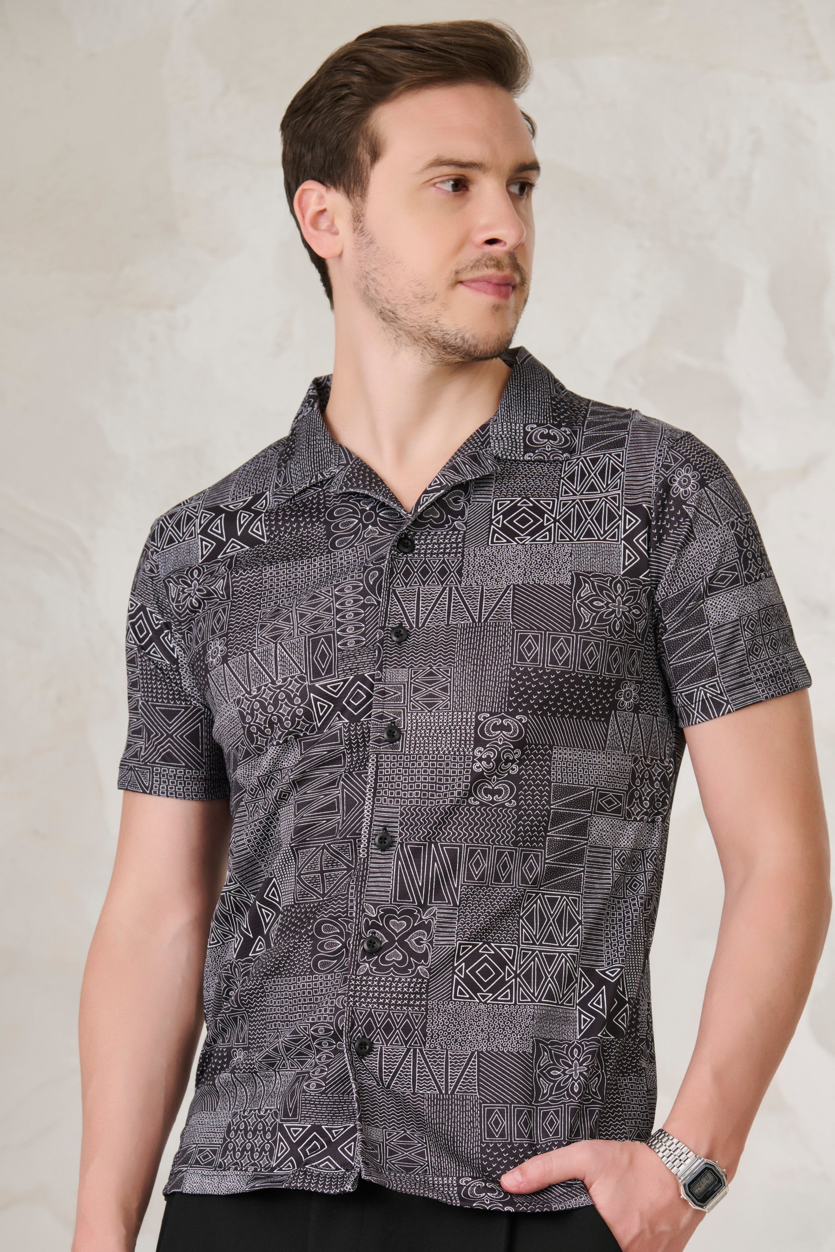 Buy Abstract Collage Cuban Shirt - Black Online Shopping view 2