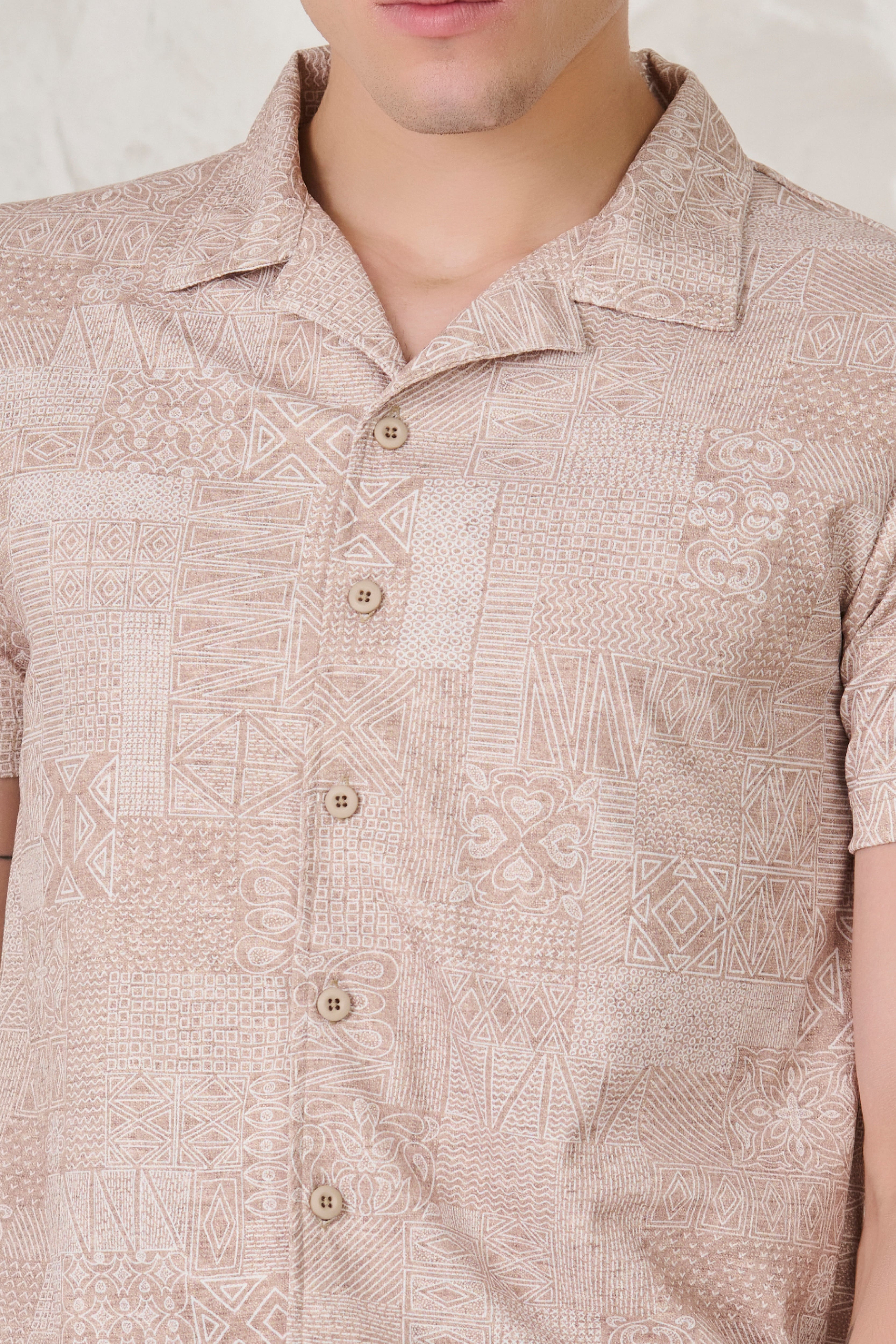 Buy Abstract Collage Cuban Shirt - Khaki Online Shopping view 3