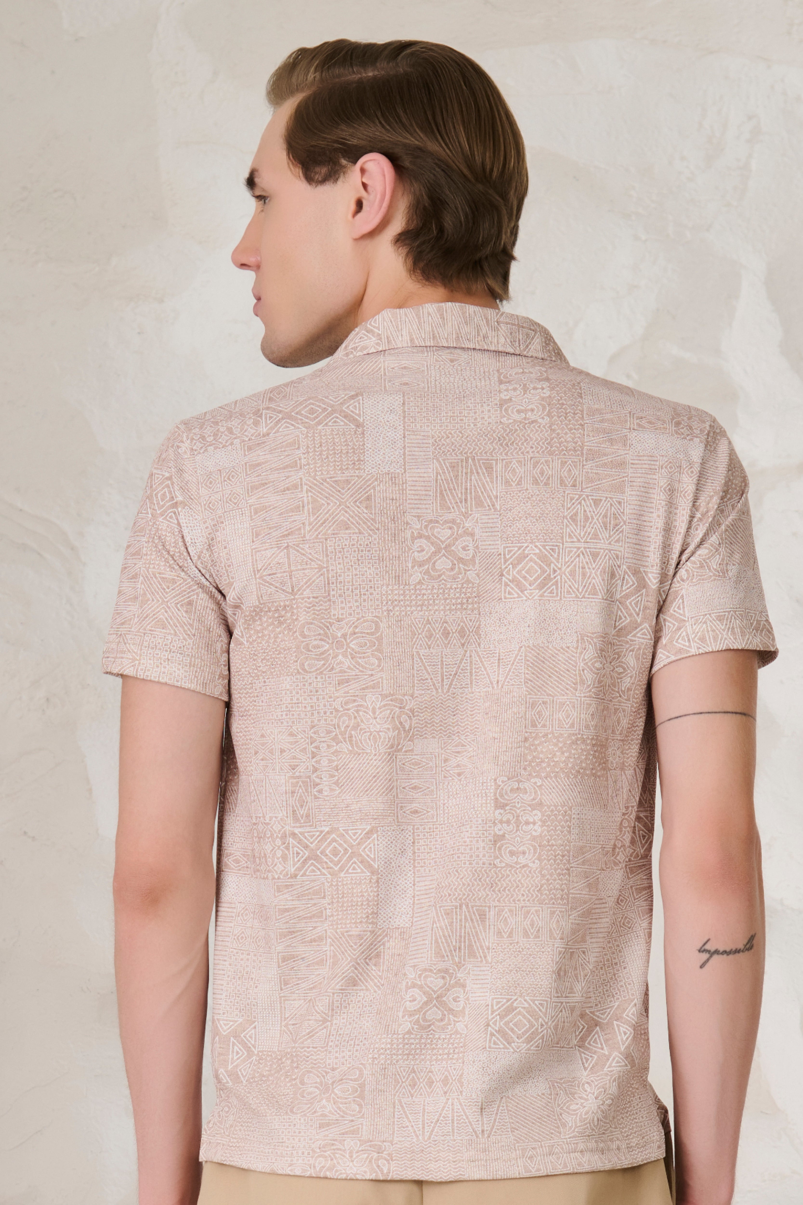 Buy Abstract Collage Cuban Shirt - Khaki Online Shopping view 4