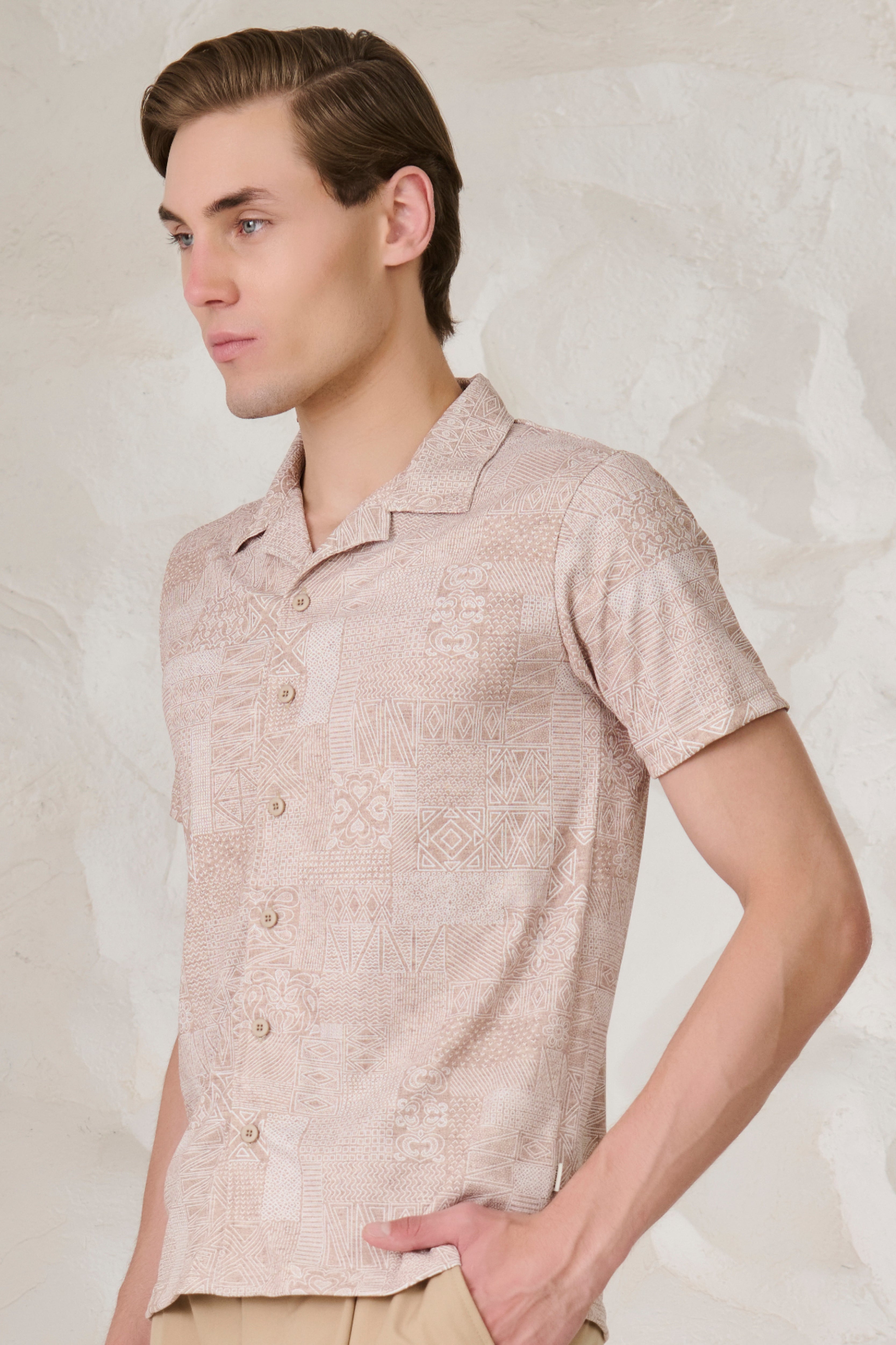 Buy Abstract Collage Cuban Shirt - Khaki Online Shopping view 2