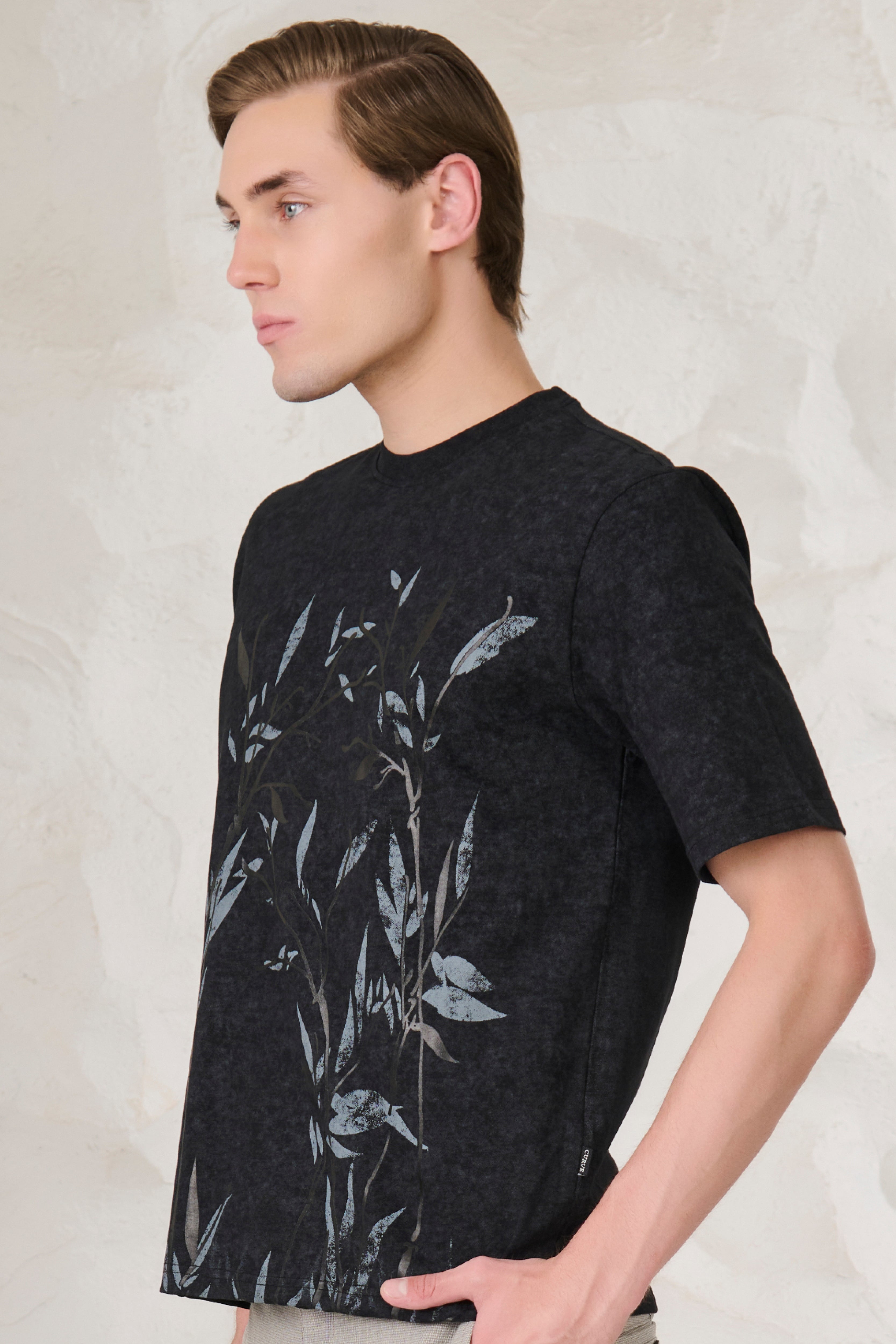 Buy Leaves on Indigo Oversized T-Shirt - Black/Grey Online Shopping view 2