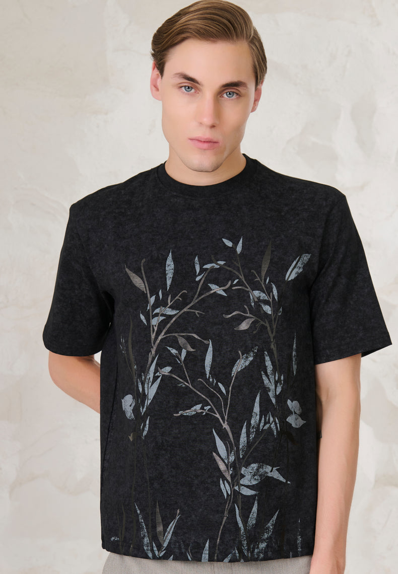 Leaves on Indigo Oversized T-Shirt - Black/Grey