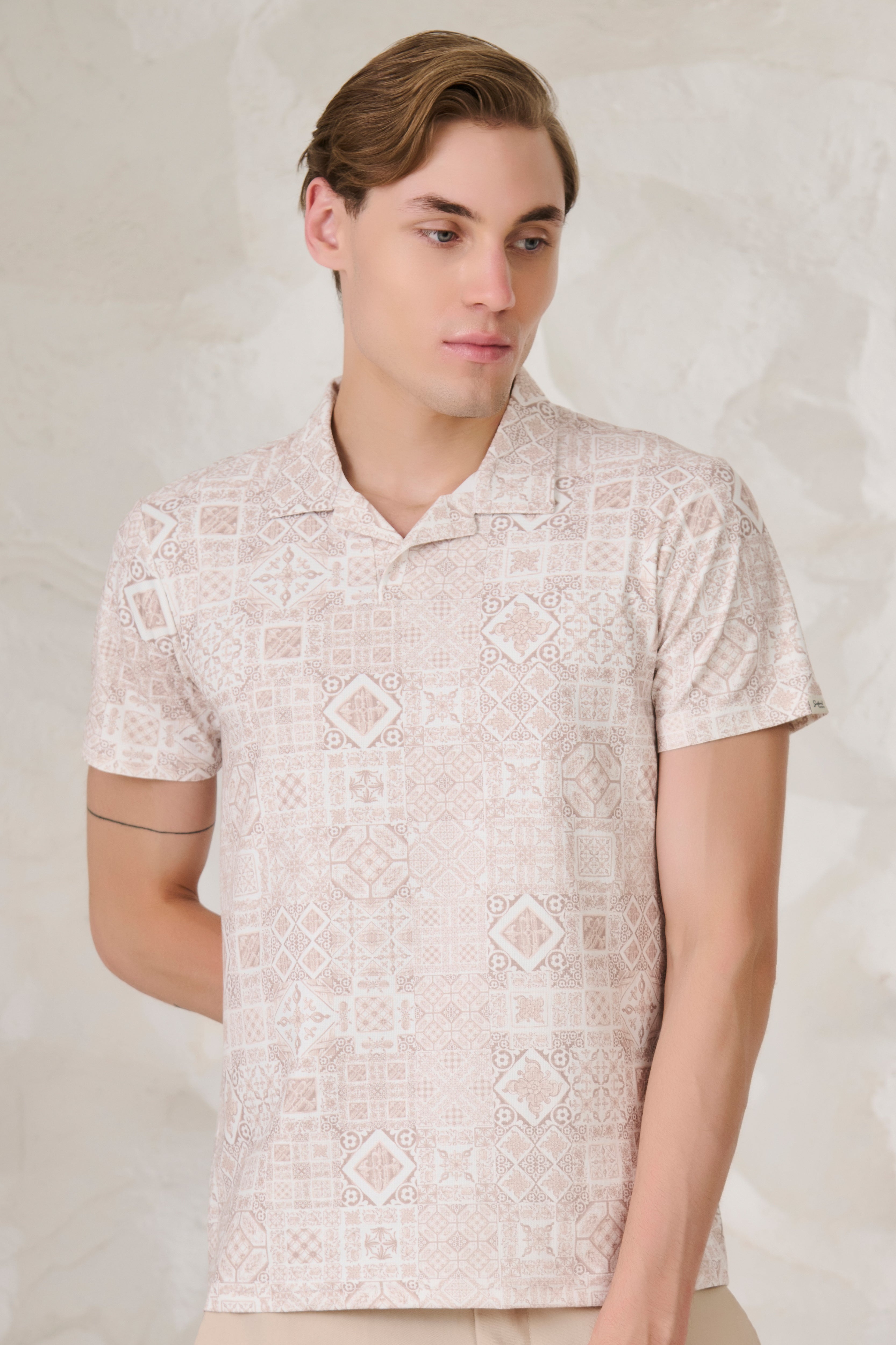 Buy Geometric Collage Cuban T-Shirt - Khaki Online Shopping view 1