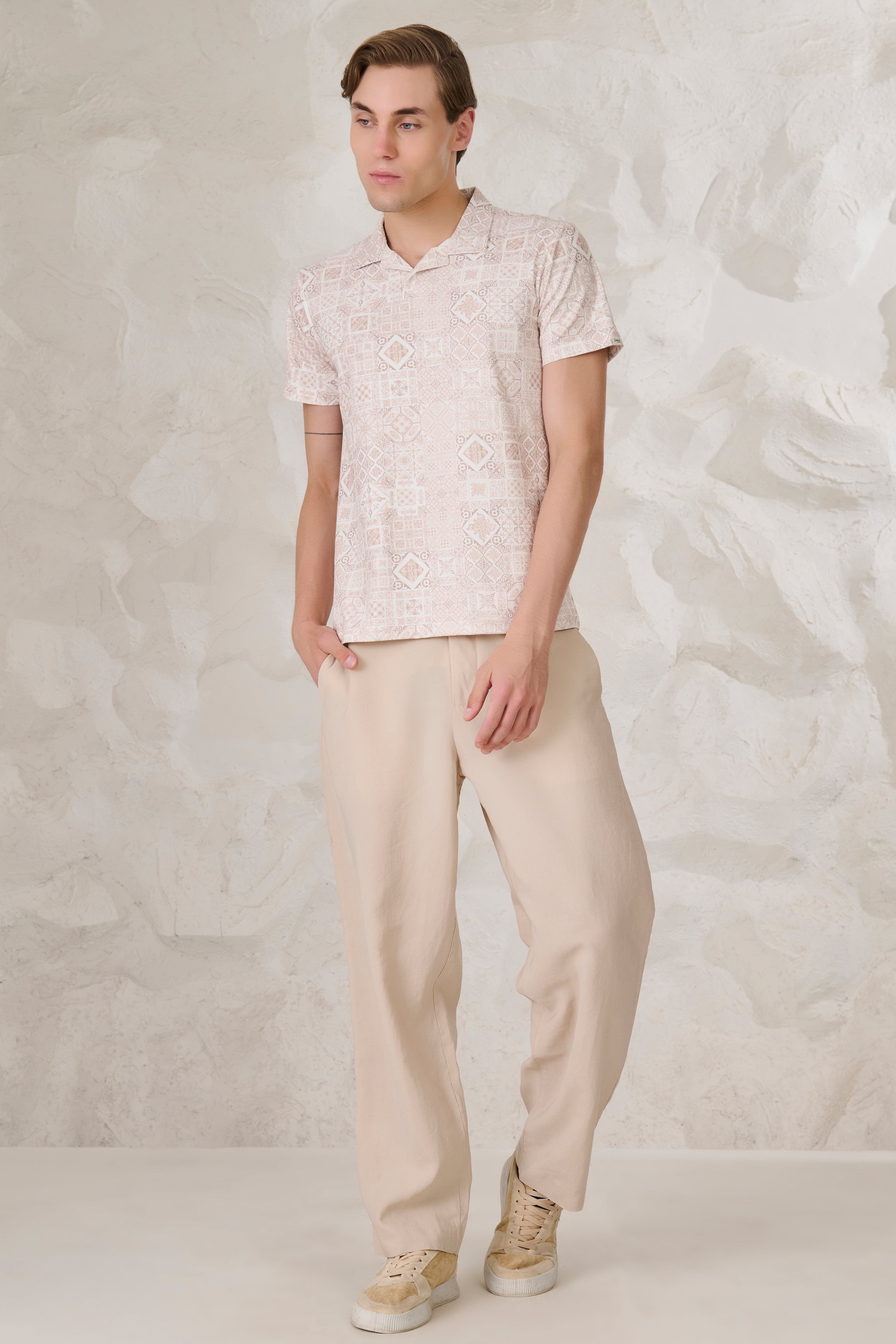 Buy Geometric Collage Cuban T-Shirt - Khaki Online Shopping view 5