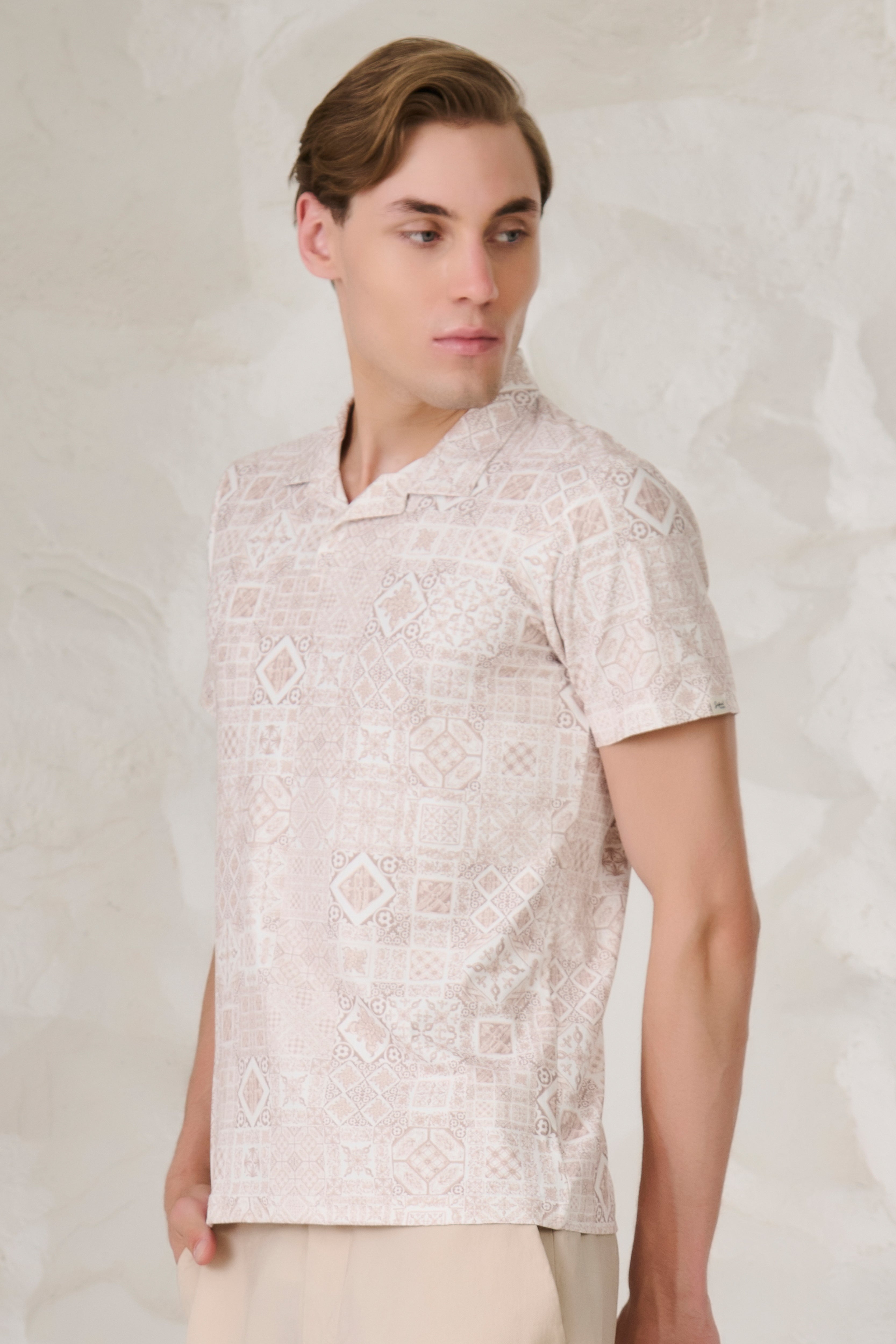 Buy Geometric Collage Cuban T-Shirt - Khaki Online Shopping view 2