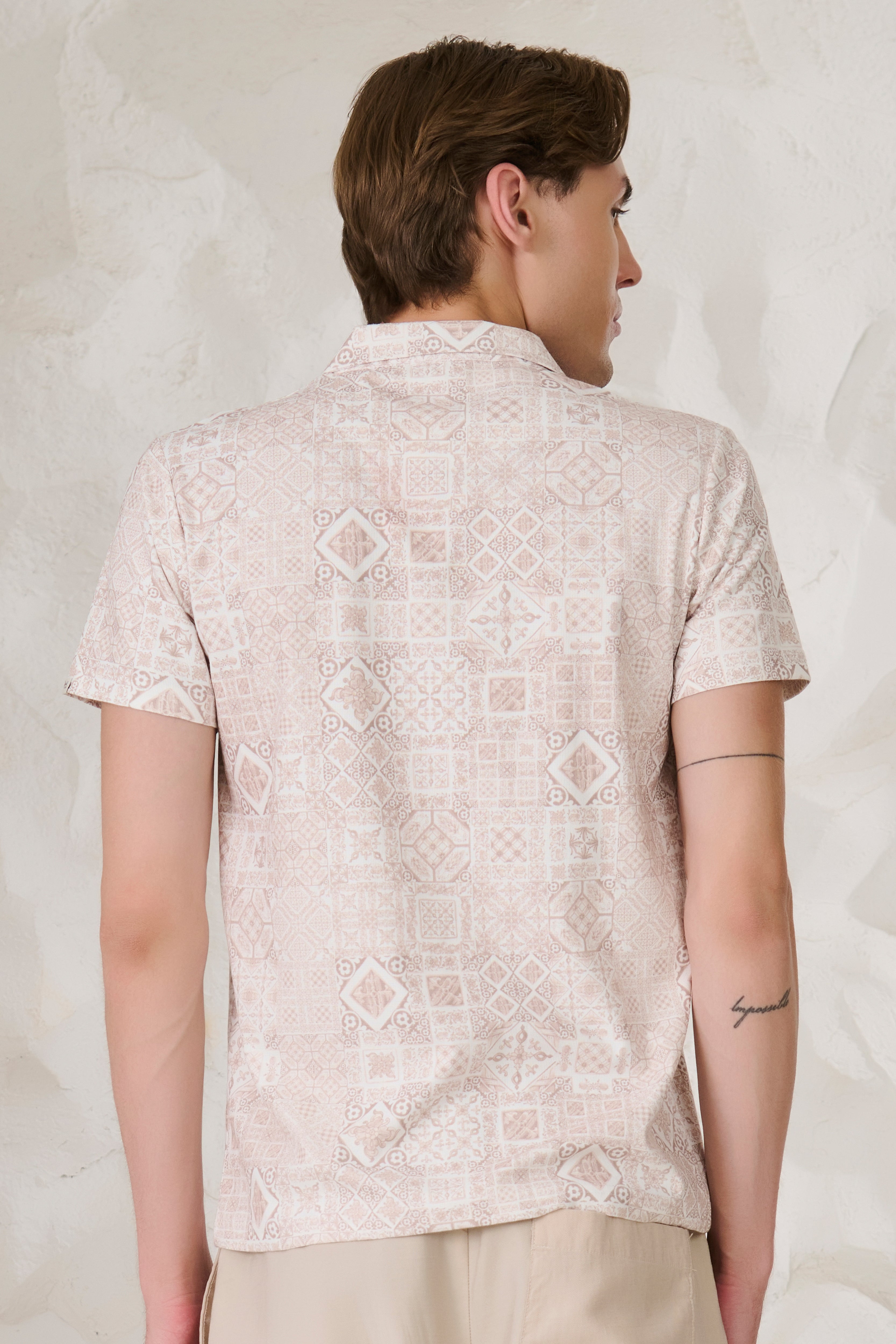 Buy Geometric Collage Cuban T-Shirt - Khaki Online Shopping view 3