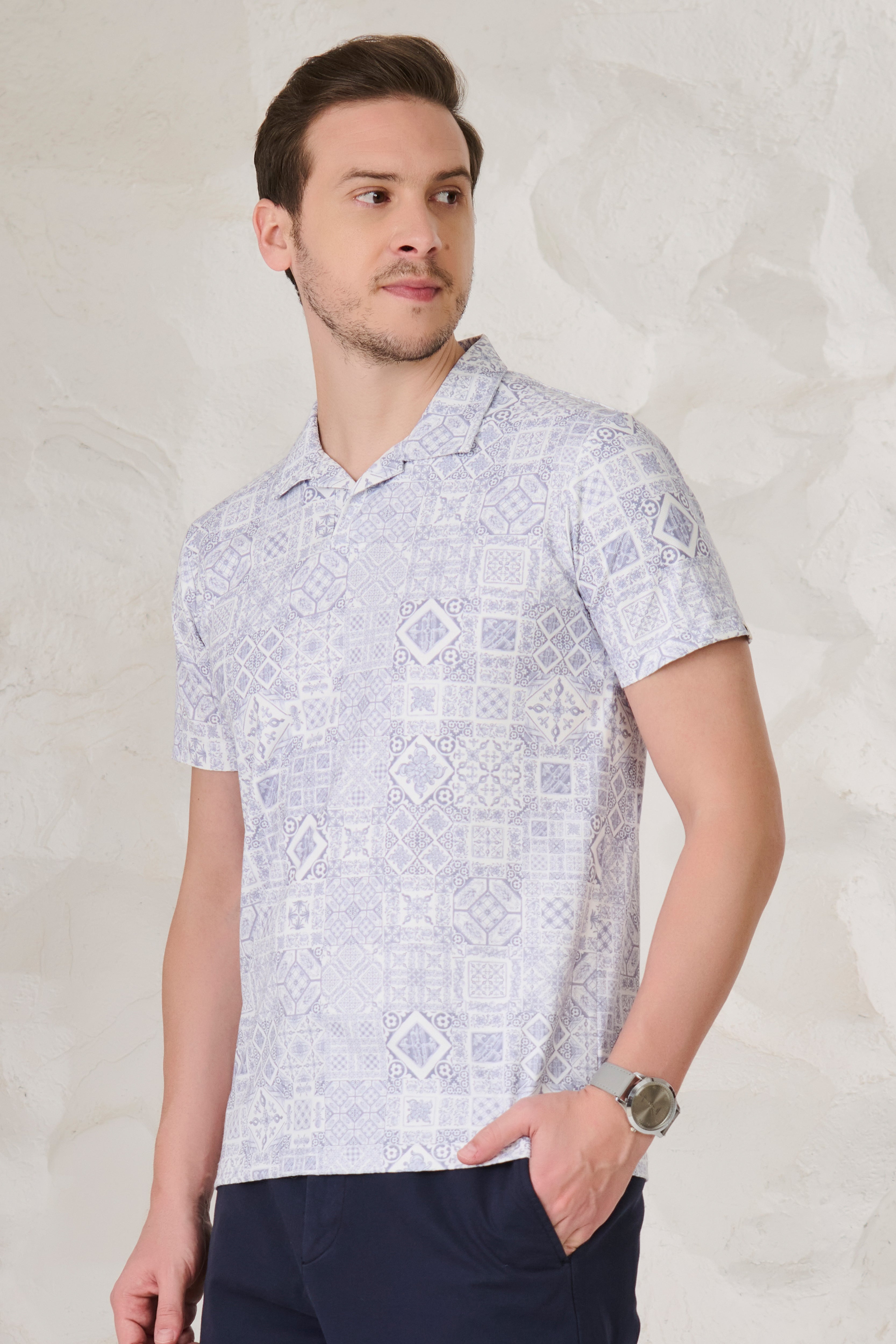Buy Geometric Collage Cuban T-Shirt - Blue Online Shopping view 1