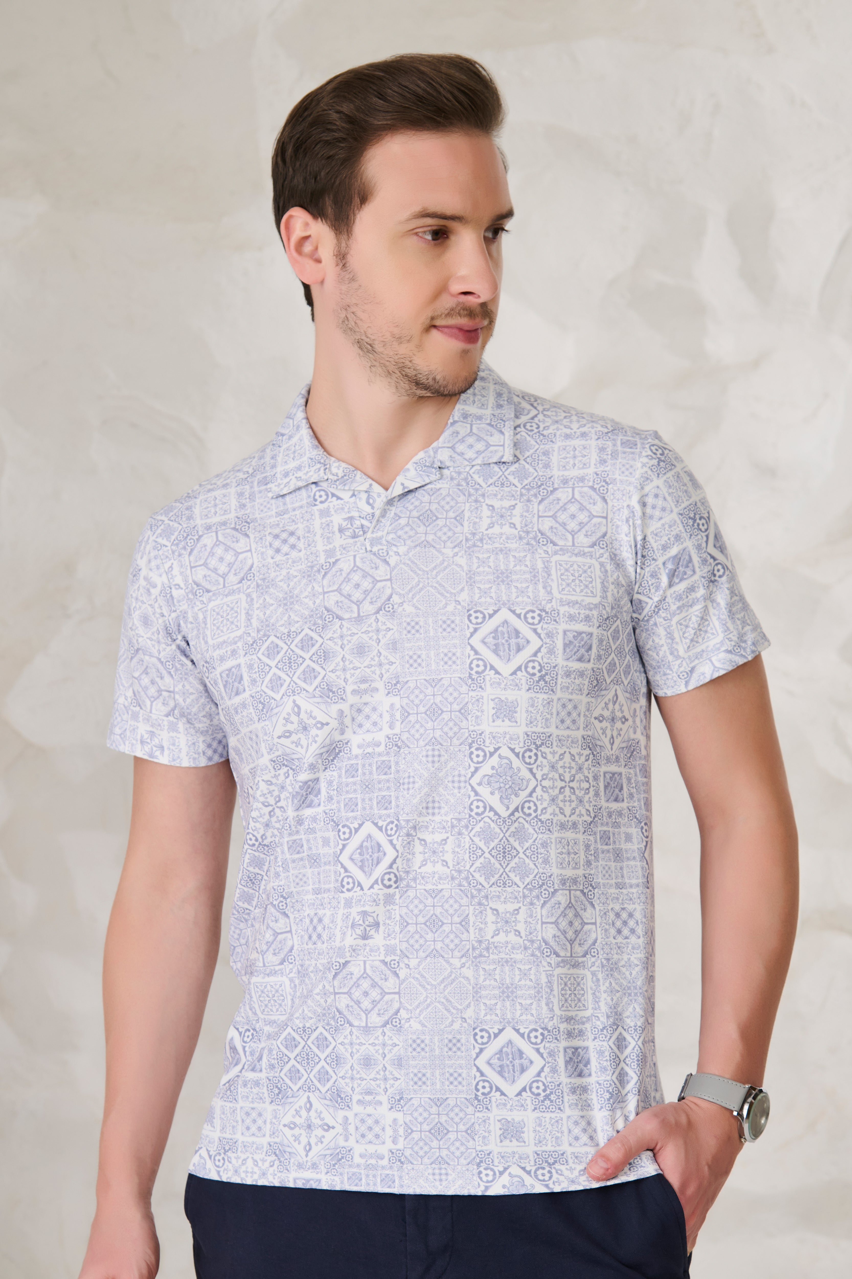 Buy Geometric Collage Cuban T-Shirt - Blue Online Shopping view 2
