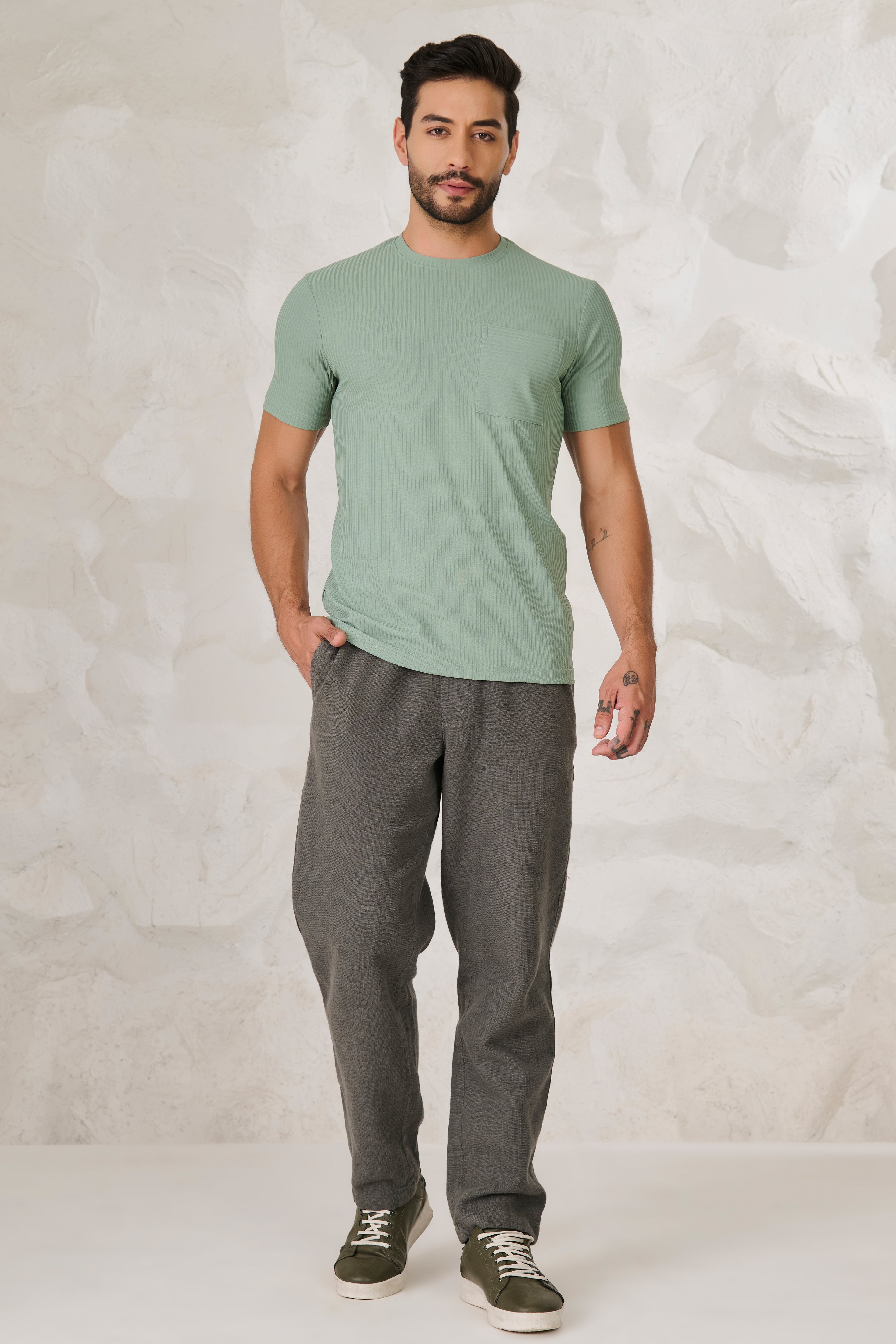 Buy Pin Stripe Textured T-Shirt - Pista Online Shopping view 5