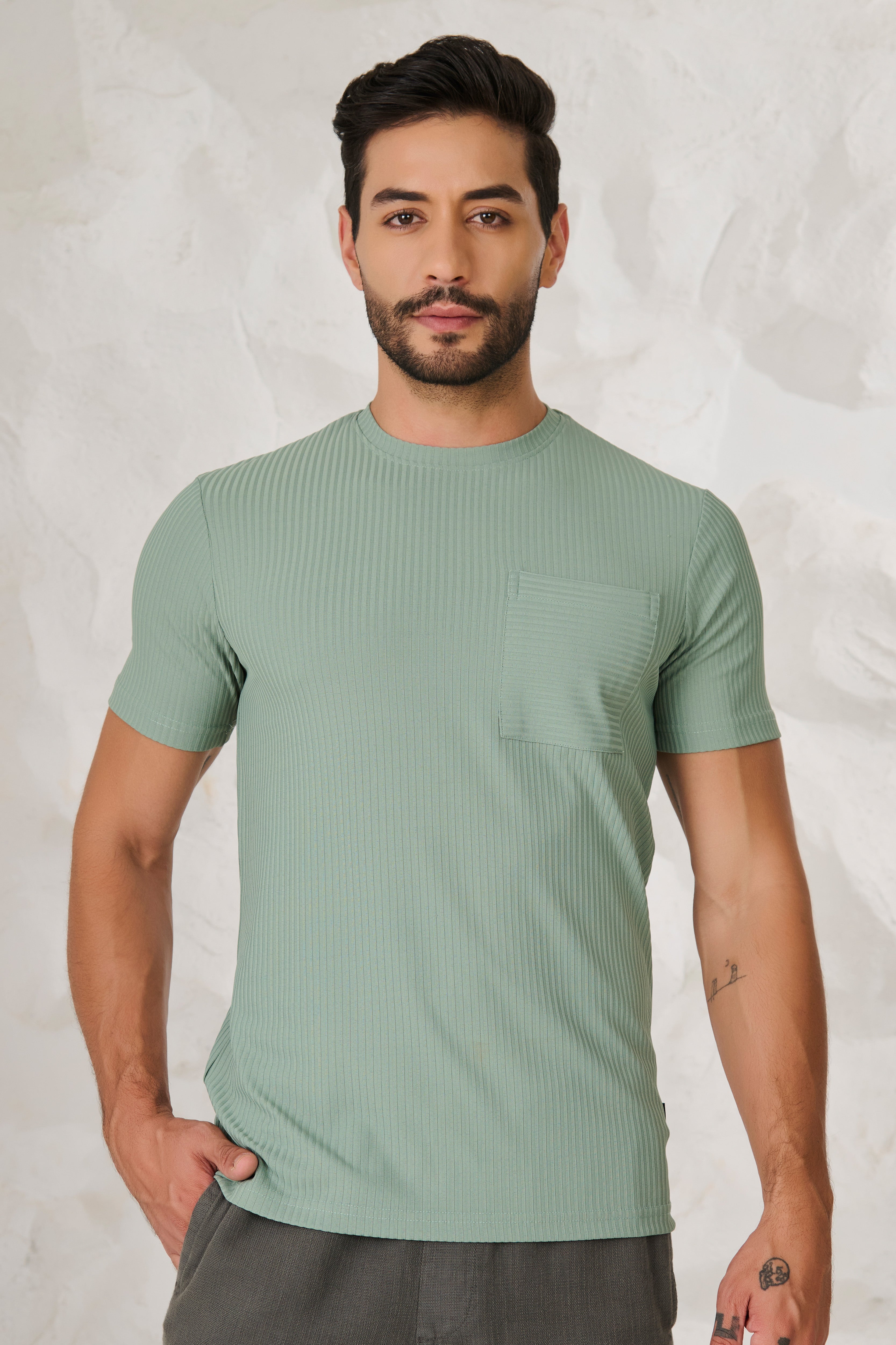 Buy Pin Stripe Textured T-Shirt - Pista Online Shopping view 1