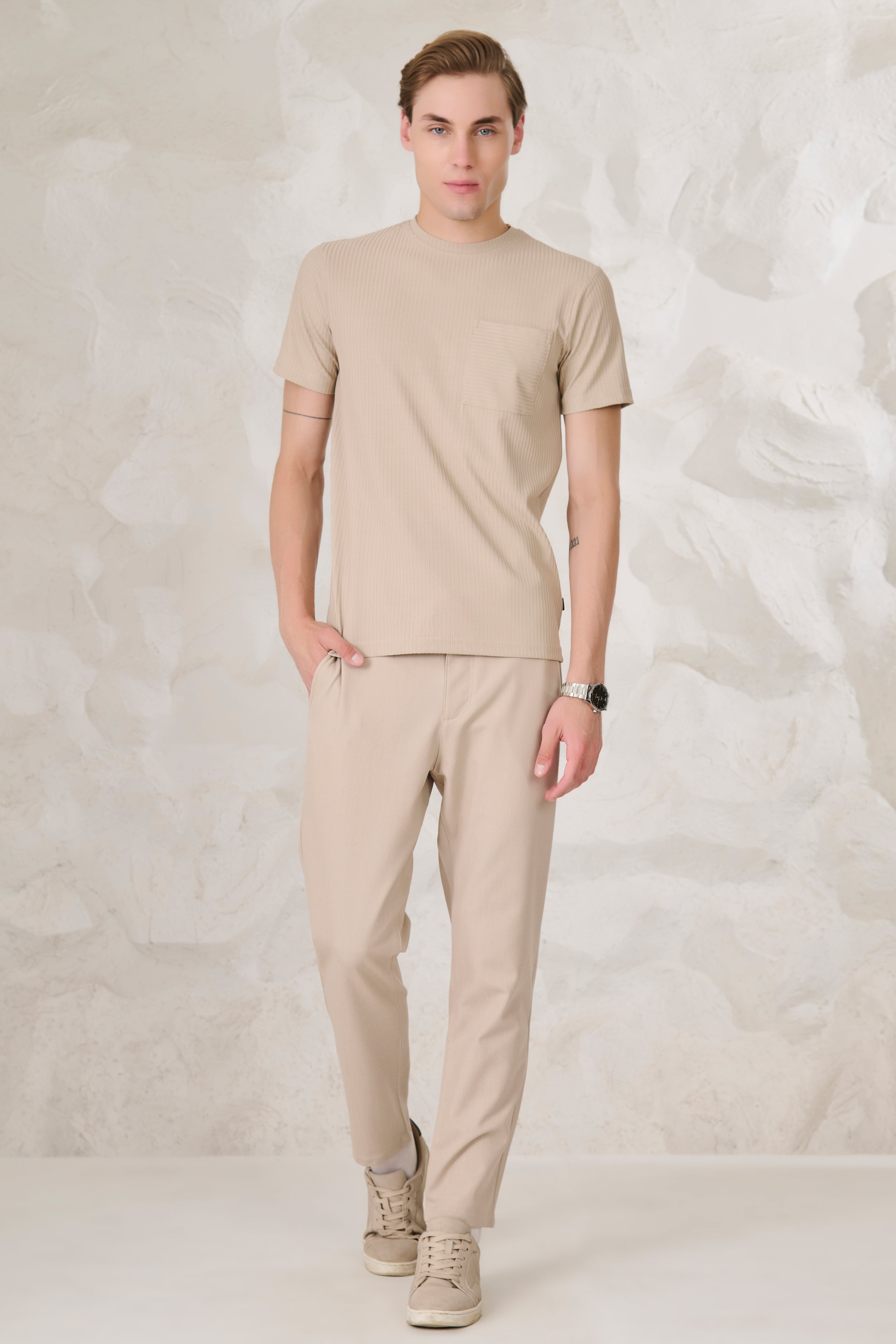 Buy Pin Stripe Textured T-Shirt - Fawn Online Shopping view 5