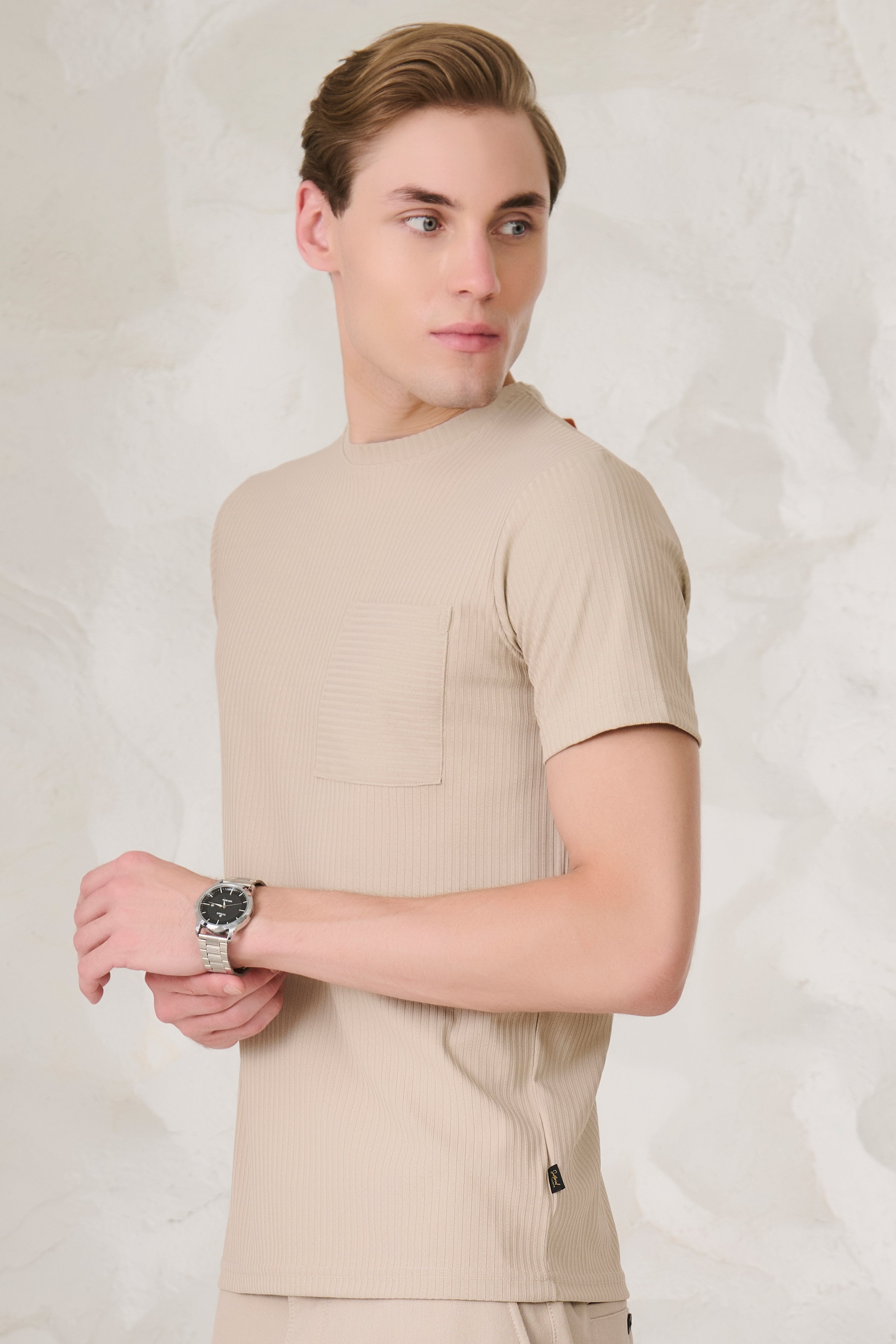 Buy Pin Stripe Textured T-Shirt - Fawn Online Shopping view 2