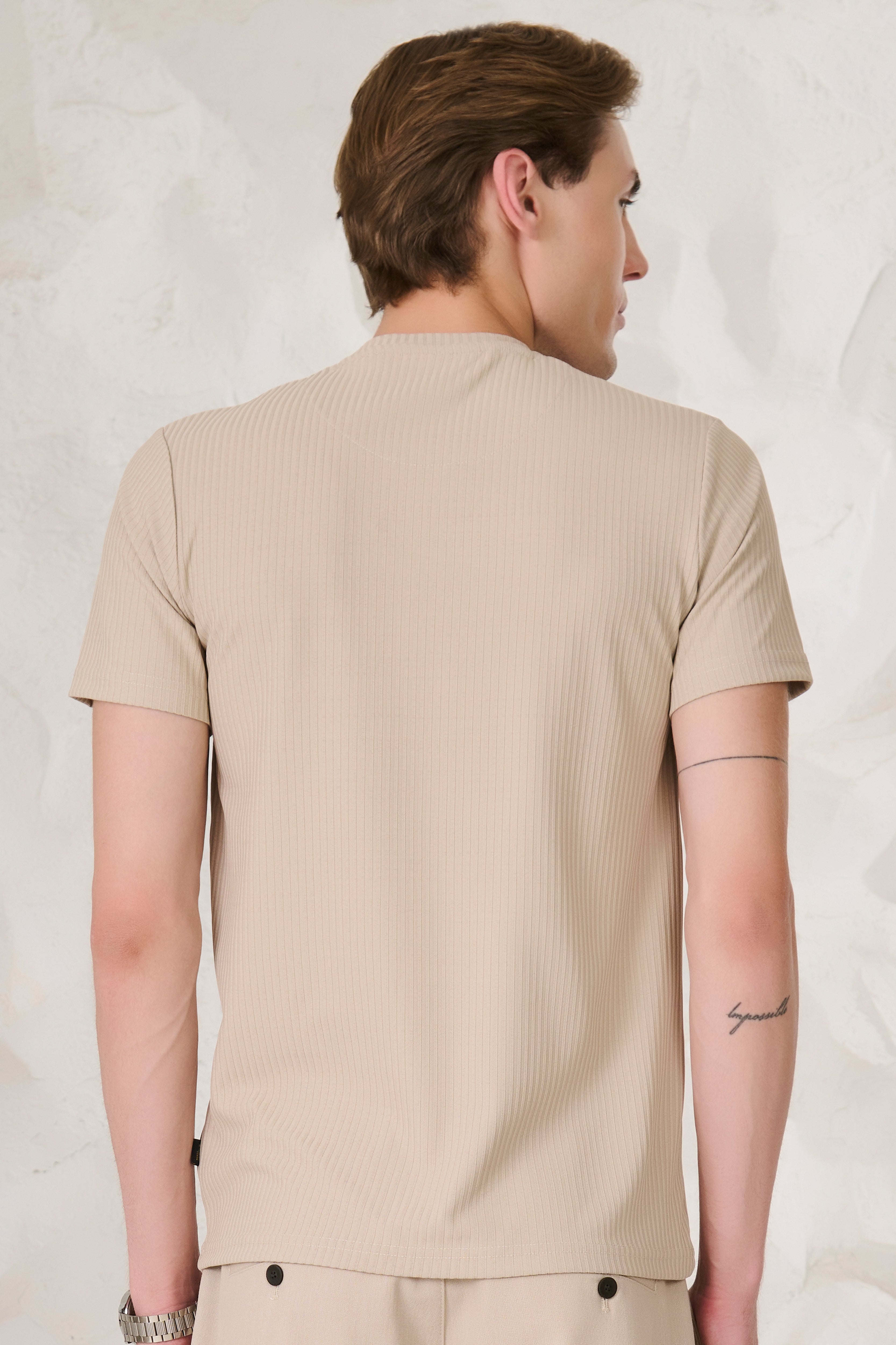 Buy Pin Stripe Textured T-Shirt - Fawn Online Shopping view 4