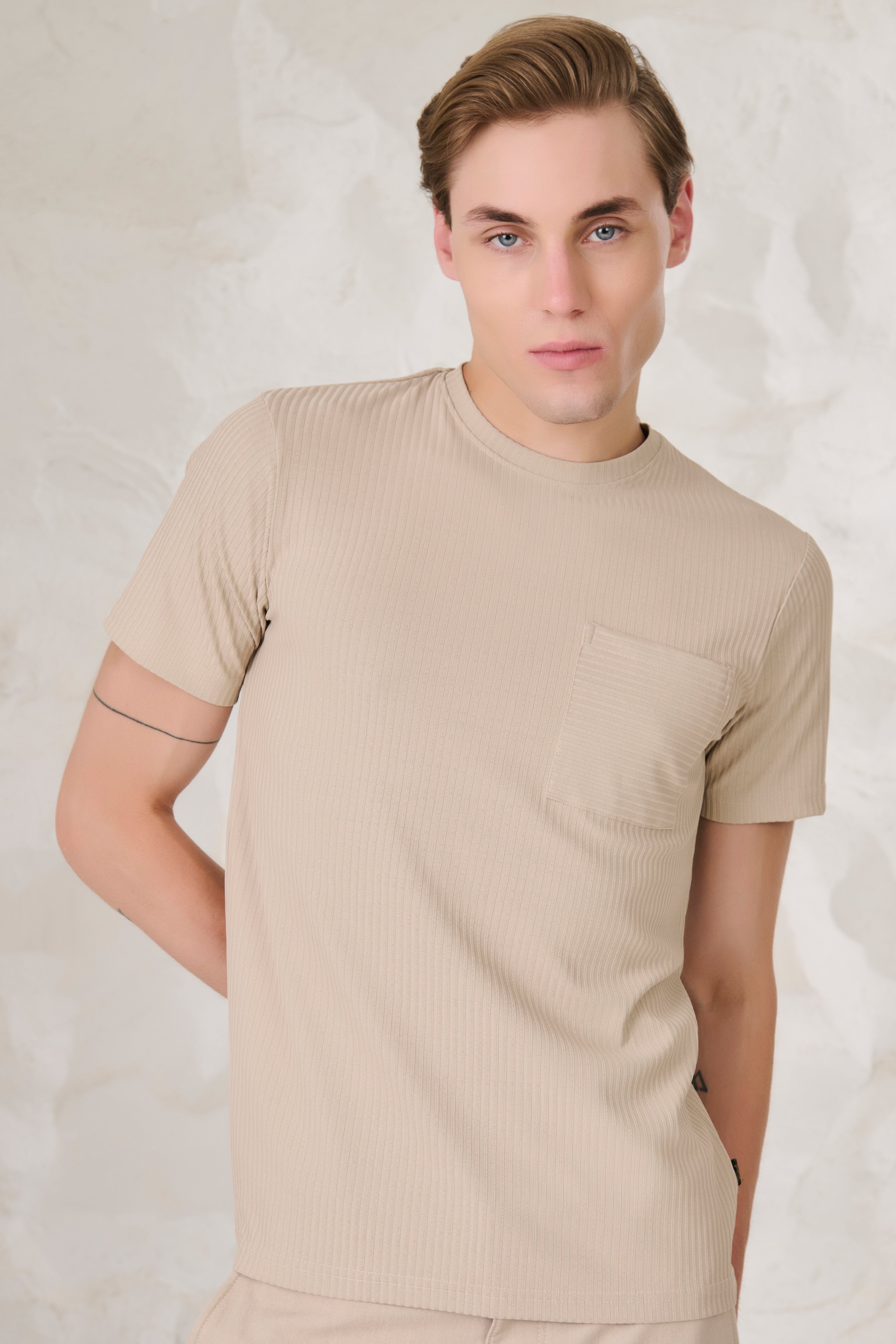 Buy Pin Stripe Textured T-Shirt - Fawn Online Shopping view 1