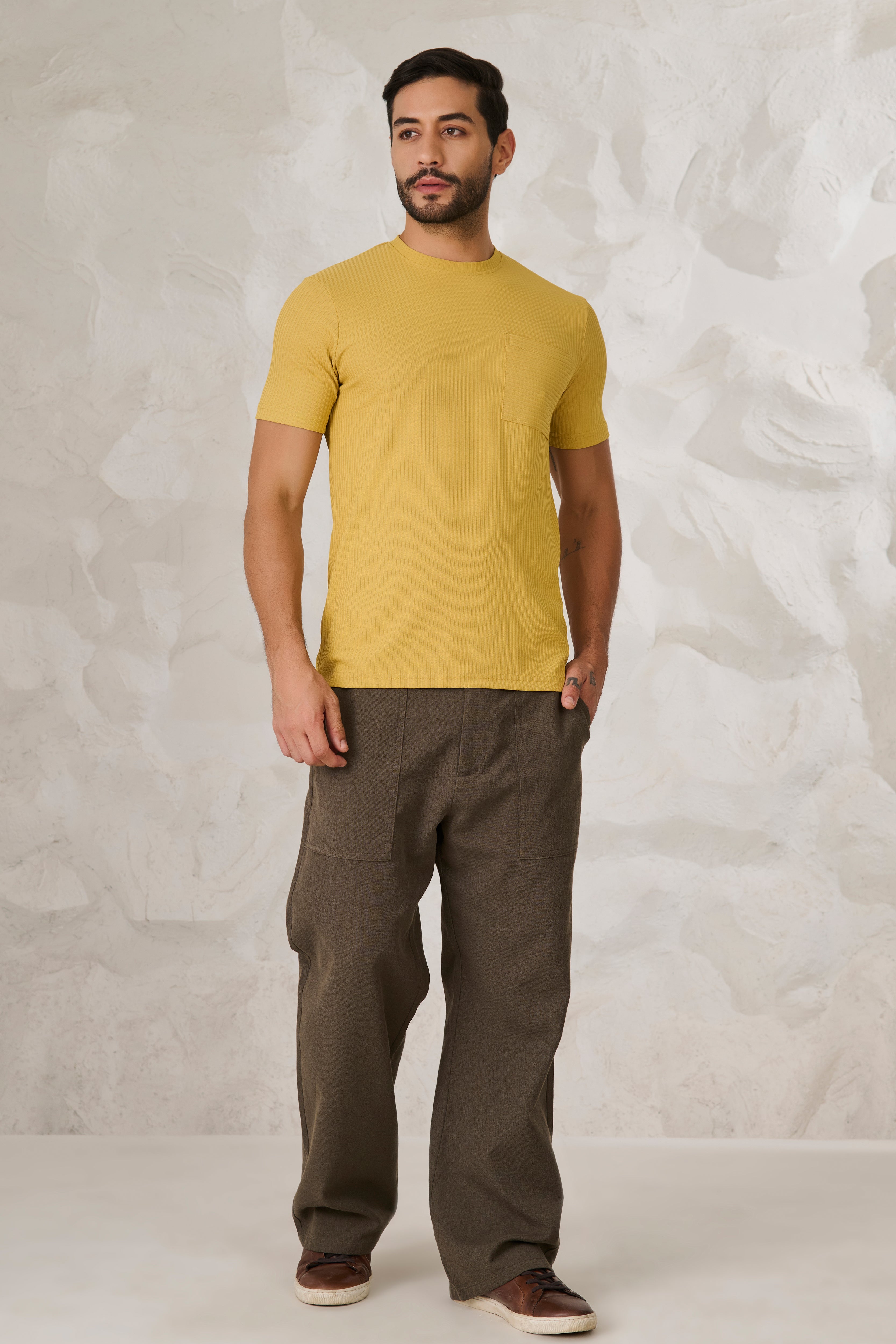 Buy Pin Stripe Textured T-Shirt - Mustard Online Shopping view 5