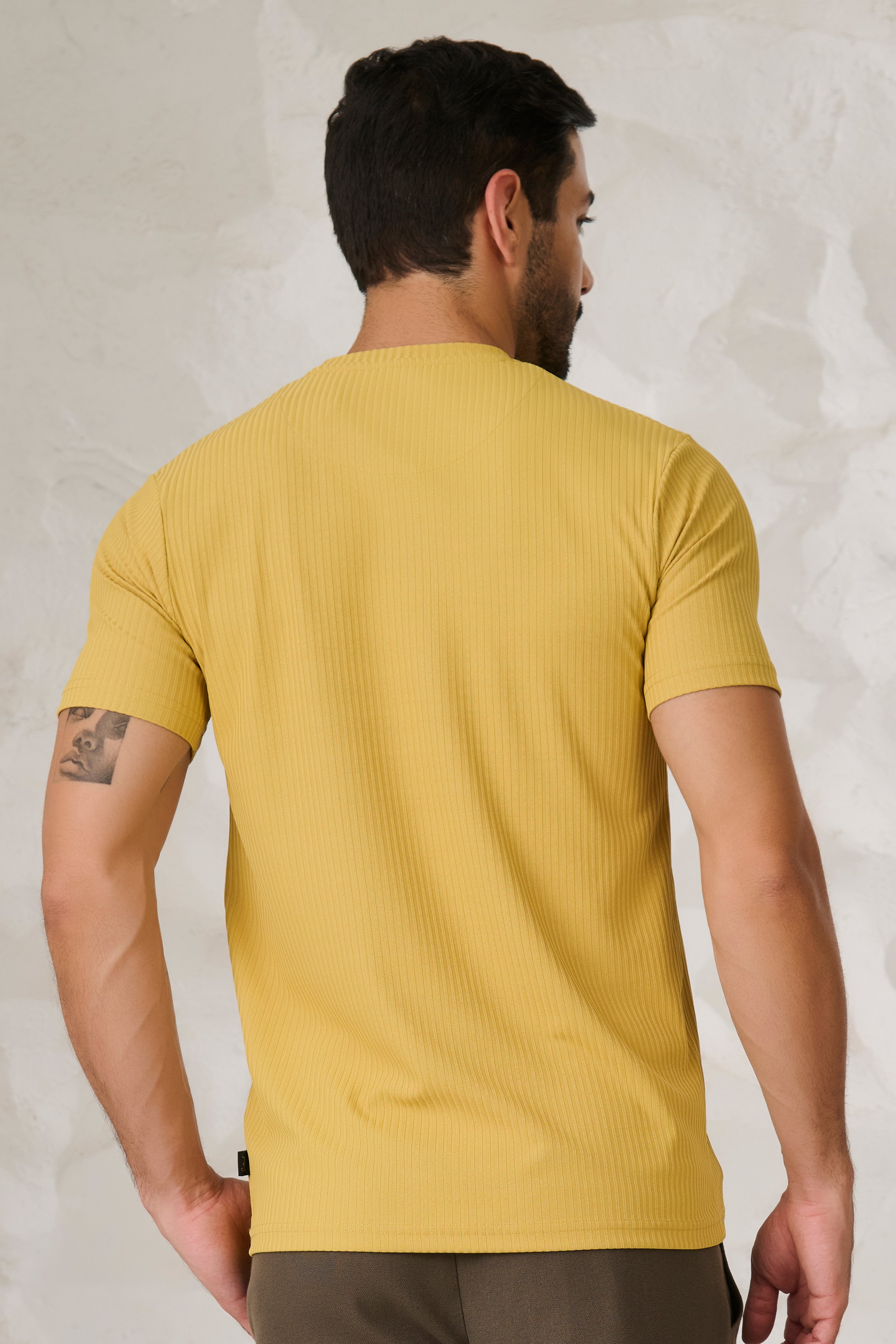 Buy Pin Stripe Textured T-Shirt - Mustard Online Shopping view 4