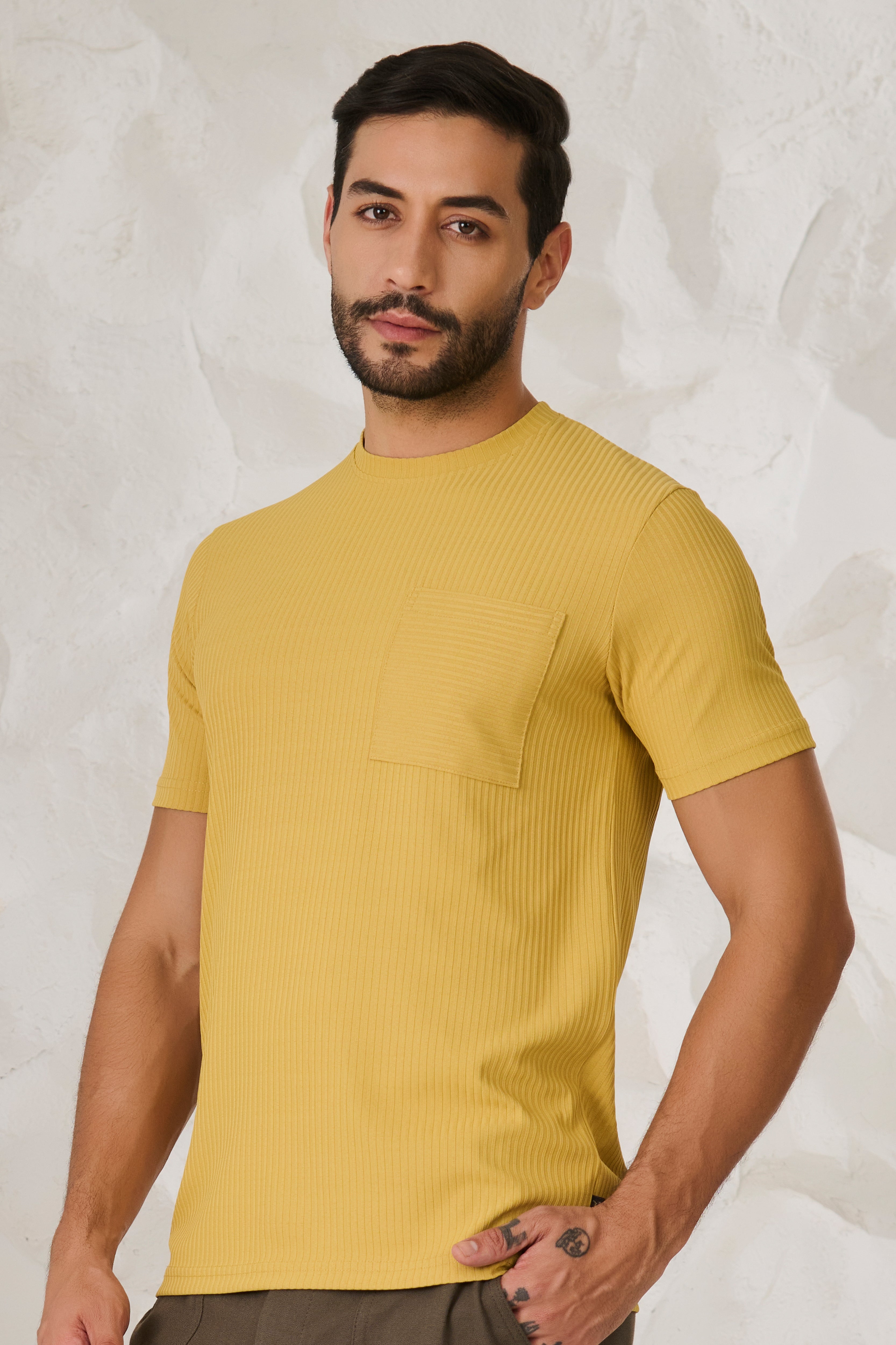 Buy Pin Stripe Textured T-Shirt - Mustard Online Shopping view 2