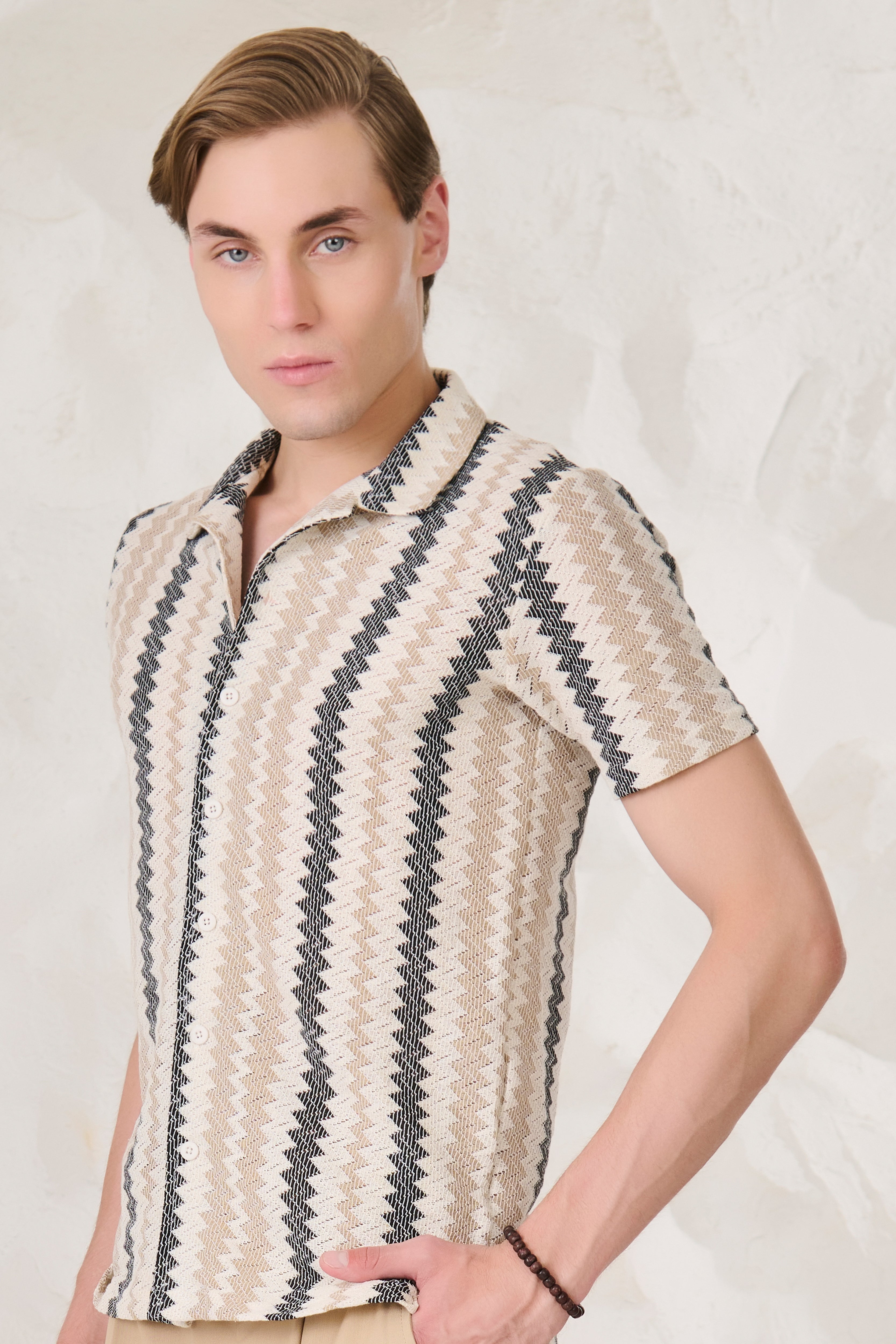 Buy Vertical Waves Textured Cuban Shirt - Offwhite Online Shopping view 2