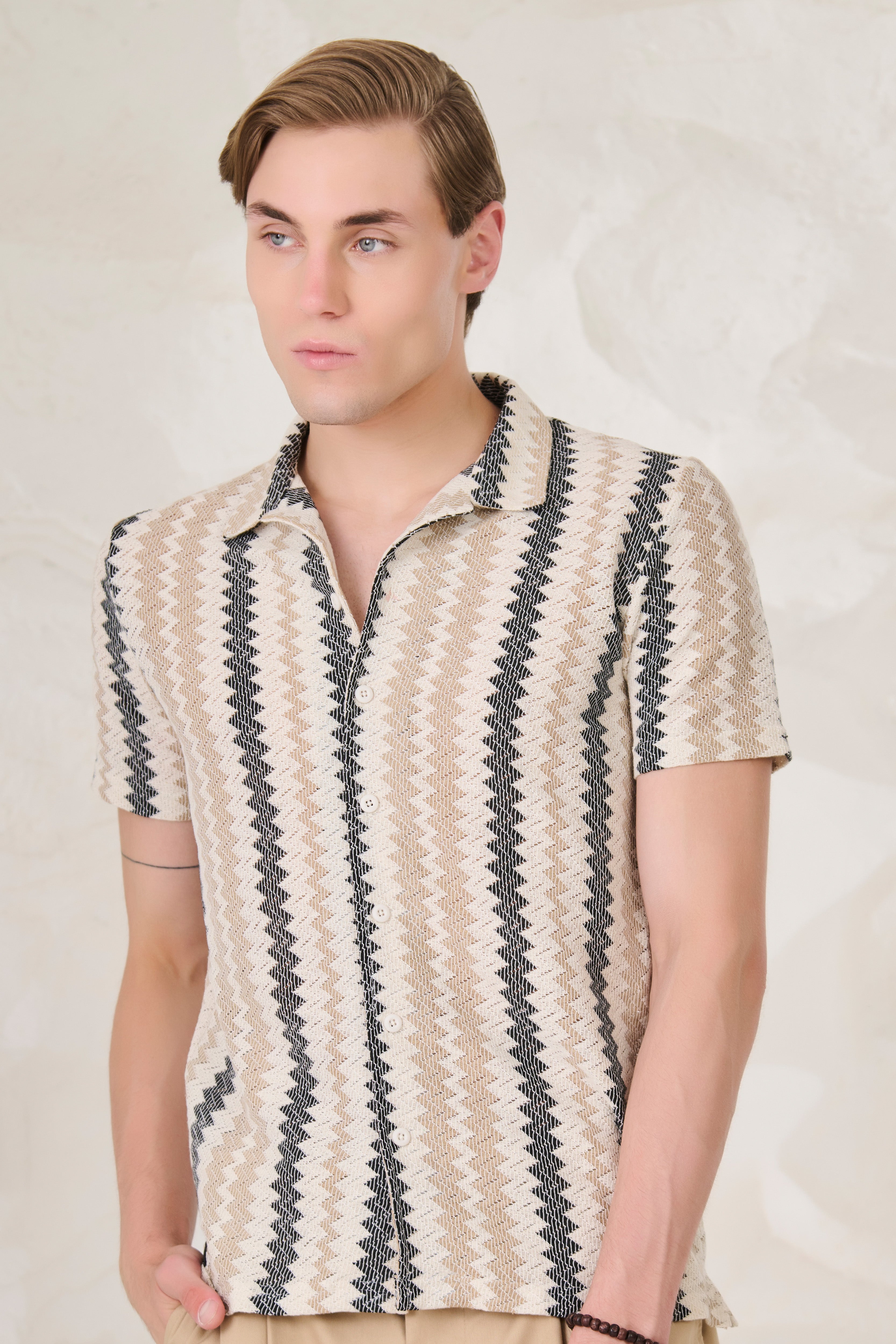 Buy Vertical Waves Textured Cuban Shirt - Offwhite Online Shopping view 1