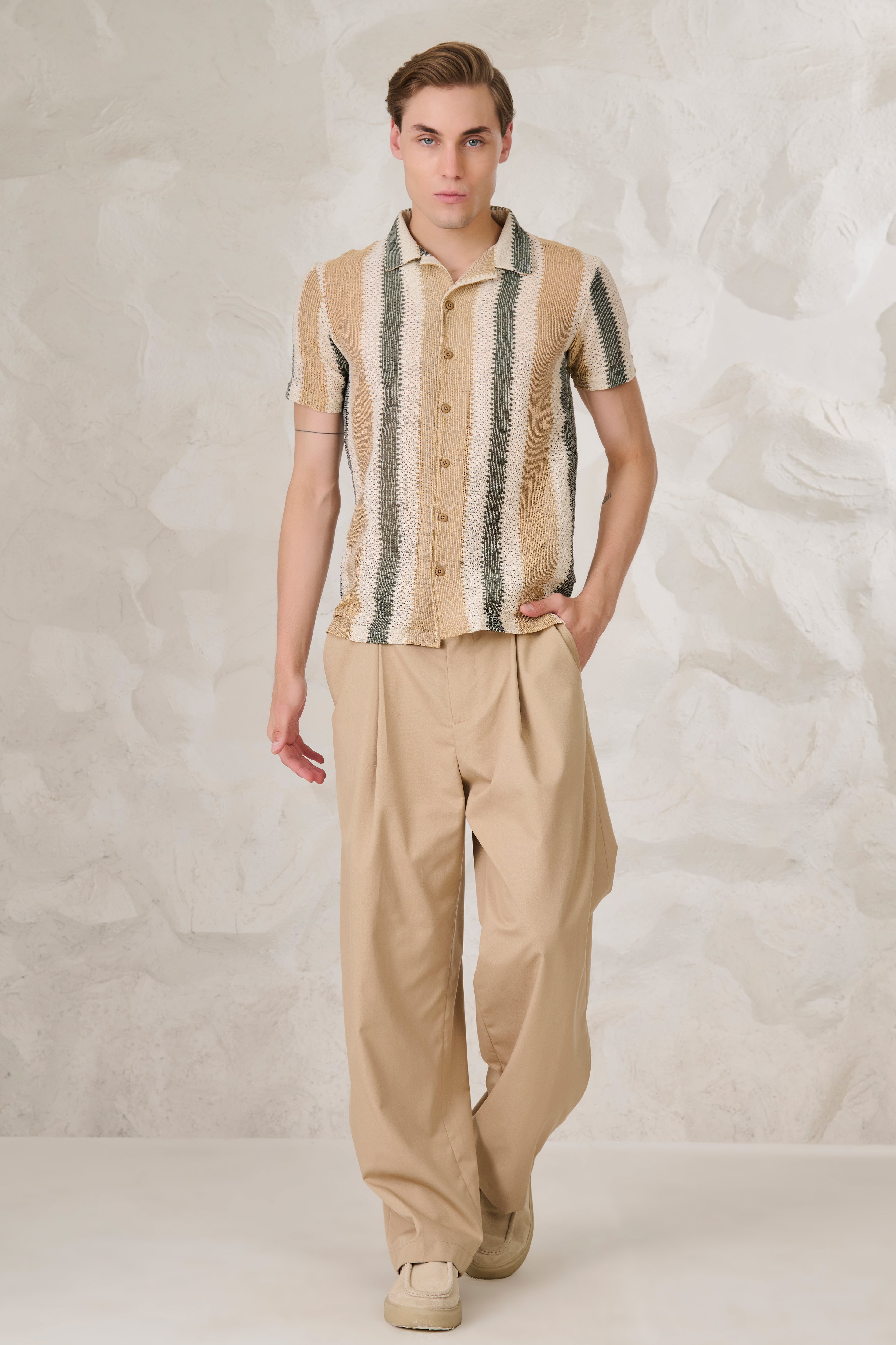 Buy Air Vents Stripe Cuban Shirt - Khaki Online Shopping view 5