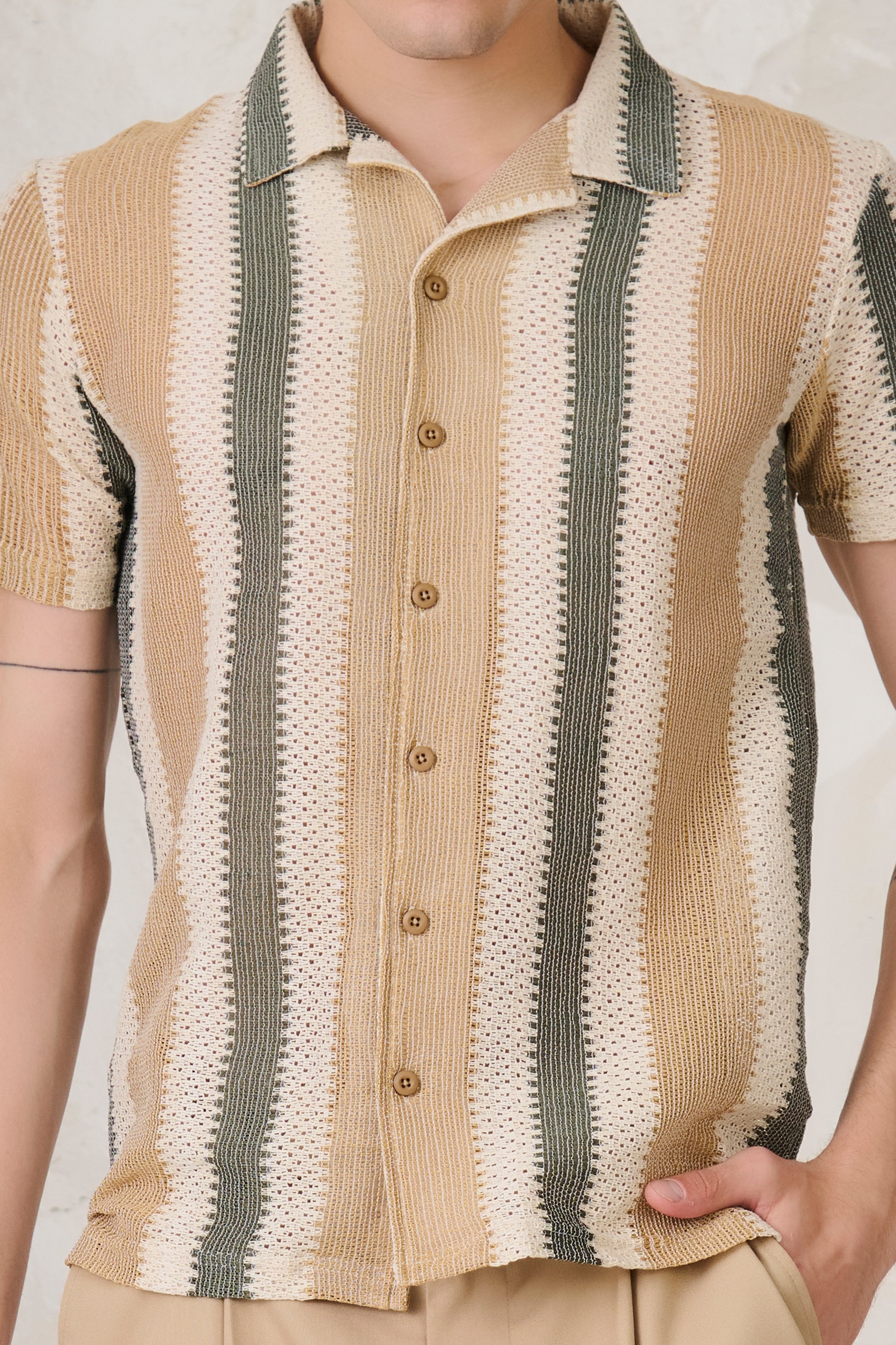 Buy Air Vents Stripe Cuban Shirt - Khaki Online Shopping view 3